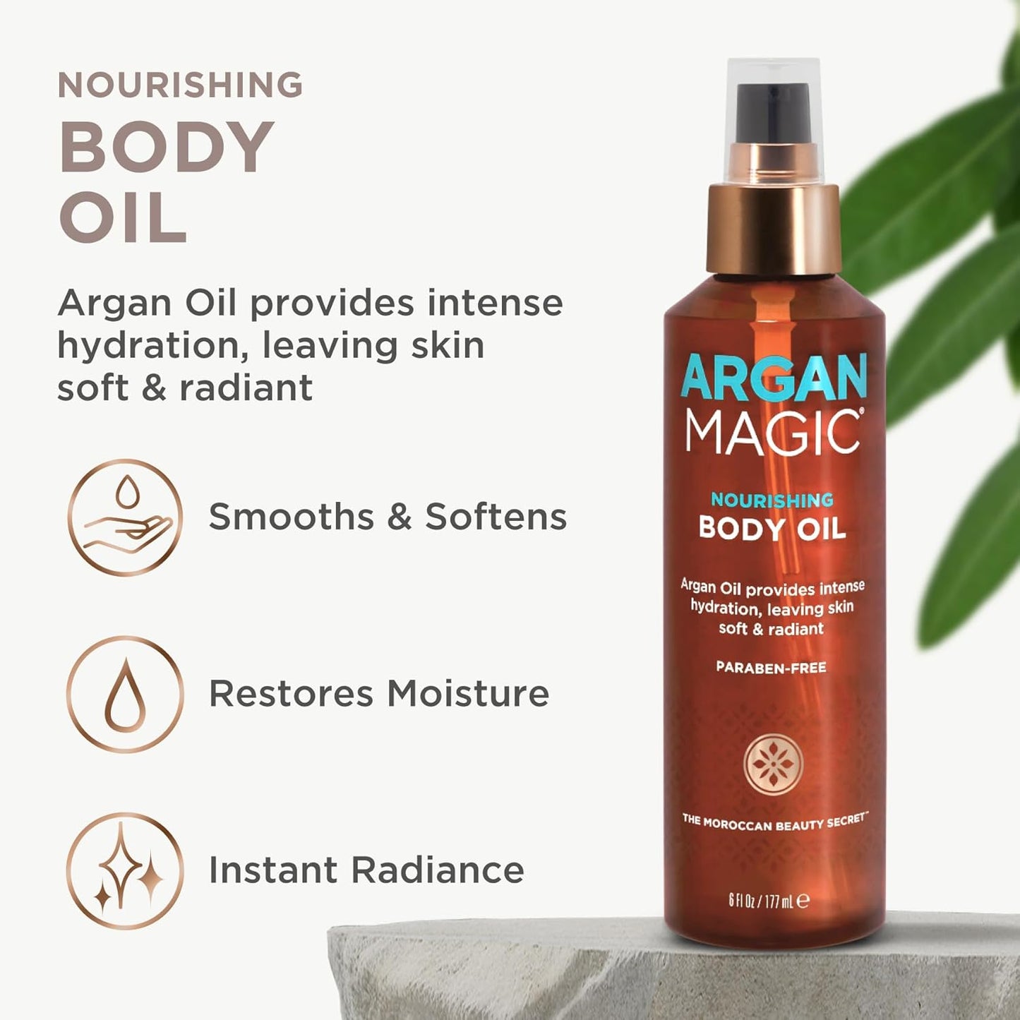 Argan Magic Nourishing Body Oil with Argan & Almond Oil | Intense Hydration, Softens & Radiates | Paraben Free, (6 FL Oz)