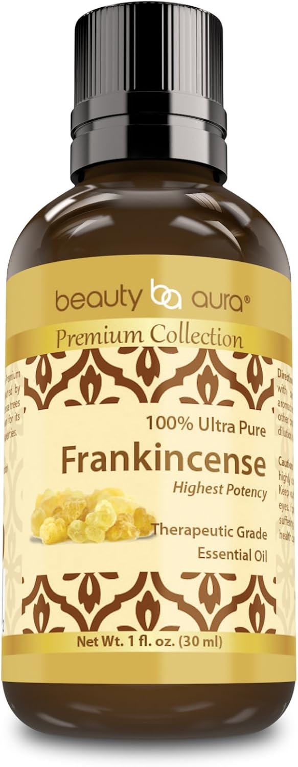 Beauty Aura Premium Collection Ultra Pure Frankincense Essential Oil - 1 Oz Bottle - Steam Distilled from Sacred Boswellia Tree Resin - Use for Beauty Care, Massages & More
