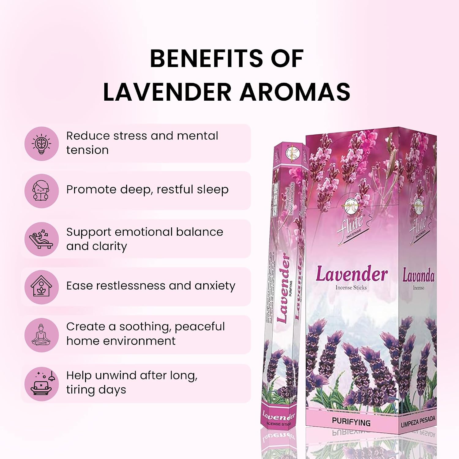 Flute Lavender Incense Sticks – Calming Natural Lavender Incense for Relaxation, Better Sleep & Peaceful Home Ambience - 20 Sticks/Pack, 6 Packs/Box(9 inch -120 Sticks) | 40 Mins Burning time