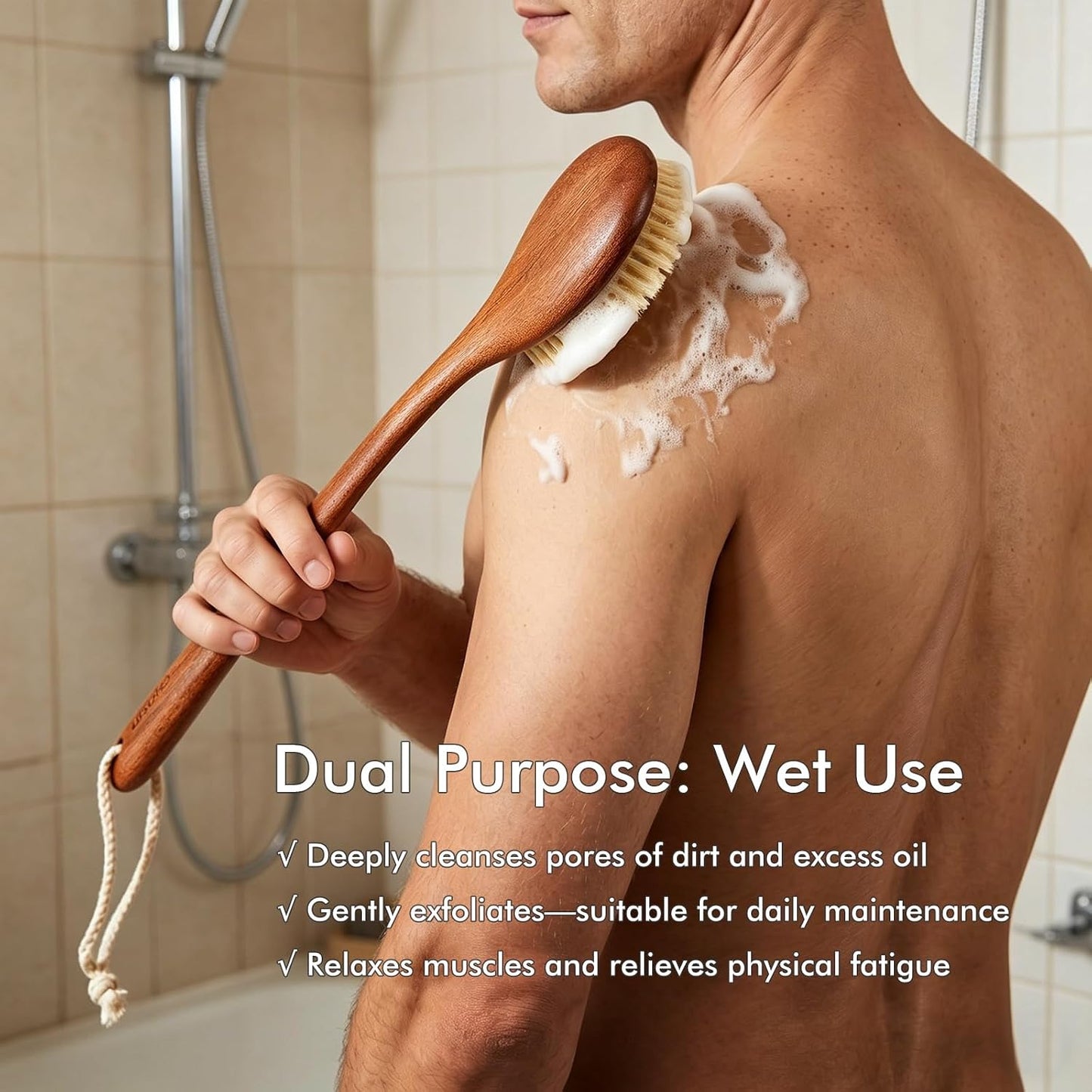 Dry Brushing Body Brush, 16Inch Long Handle Natural Back Scrubber for Shower for Lymphatic Drainage, Exfoliating & Cellulite - Wood Shower Brush for Men, Women & Elderly