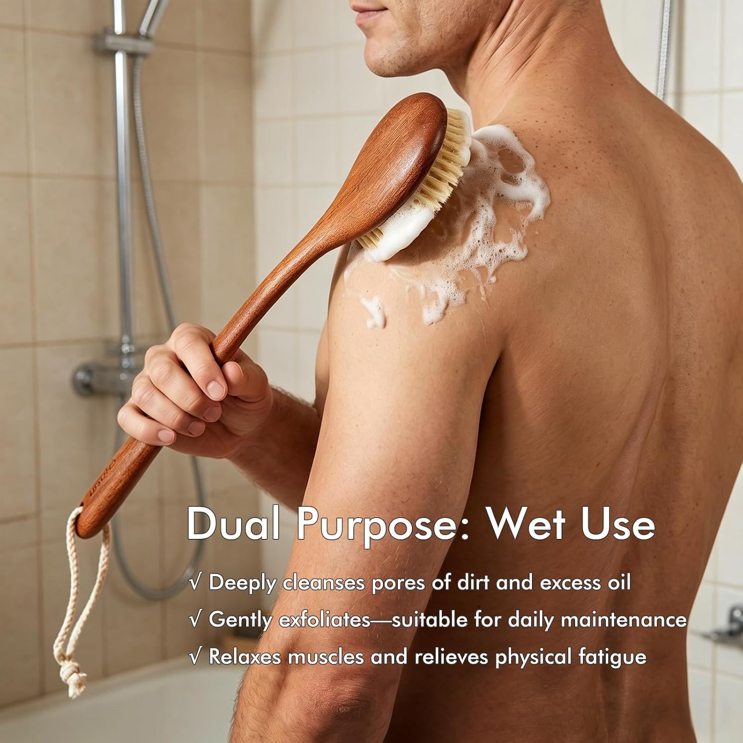 Dry Brushing Body Brush, 16Inch Long Handle Natural Back Scrubber for Shower for Lymphatic Drainage, Exfoliating & Cellulite - Wood Shower Brush for Men, Women & Elderly