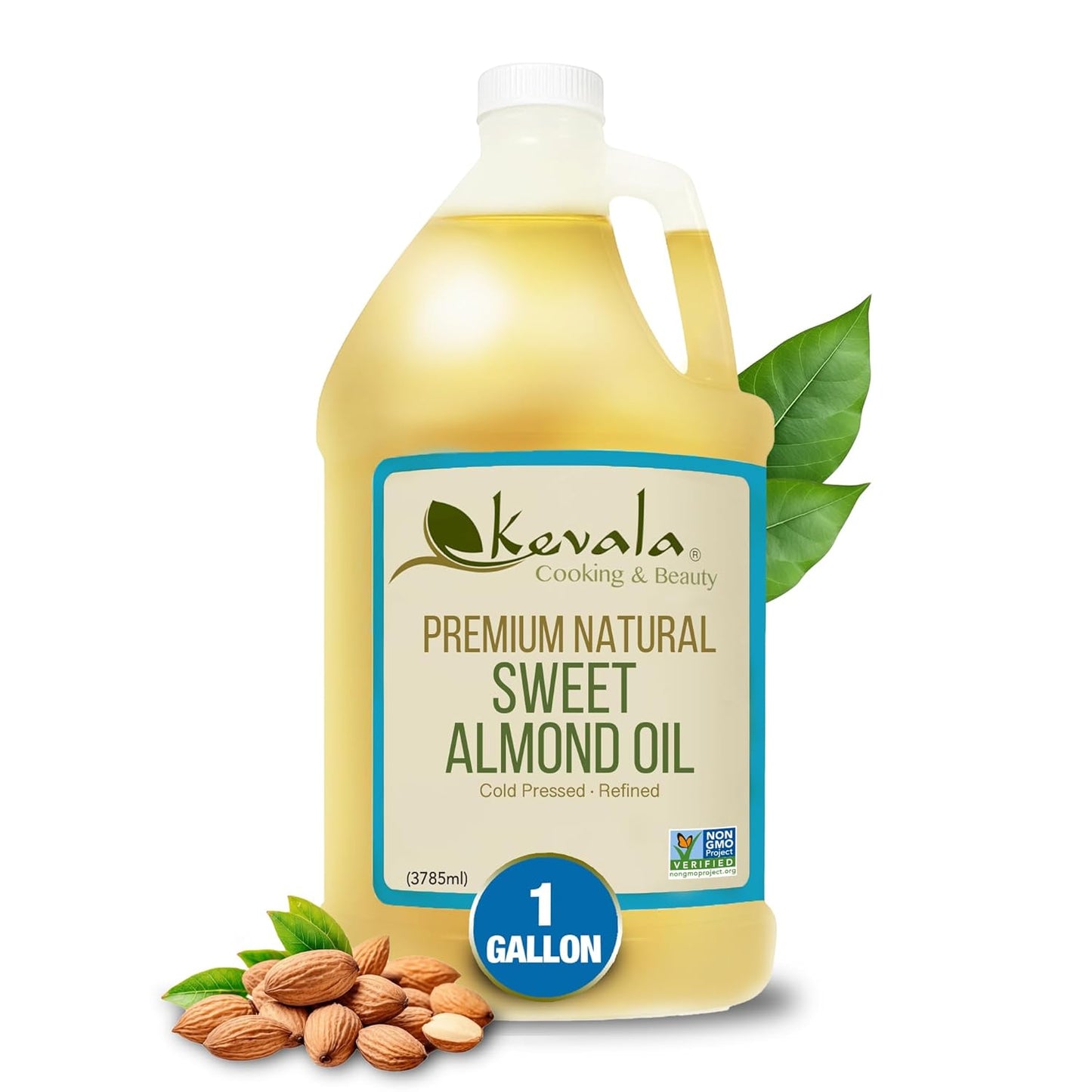Kevala Sweet Almond Oil - Premium Natural Cooking Oil, Made with Carefully Selected Almonds, Nutritious Option with Light Flavor and Scent, Vegetable Salad Dressing Base, Enjoyed as a Hair Oil, 1 gal