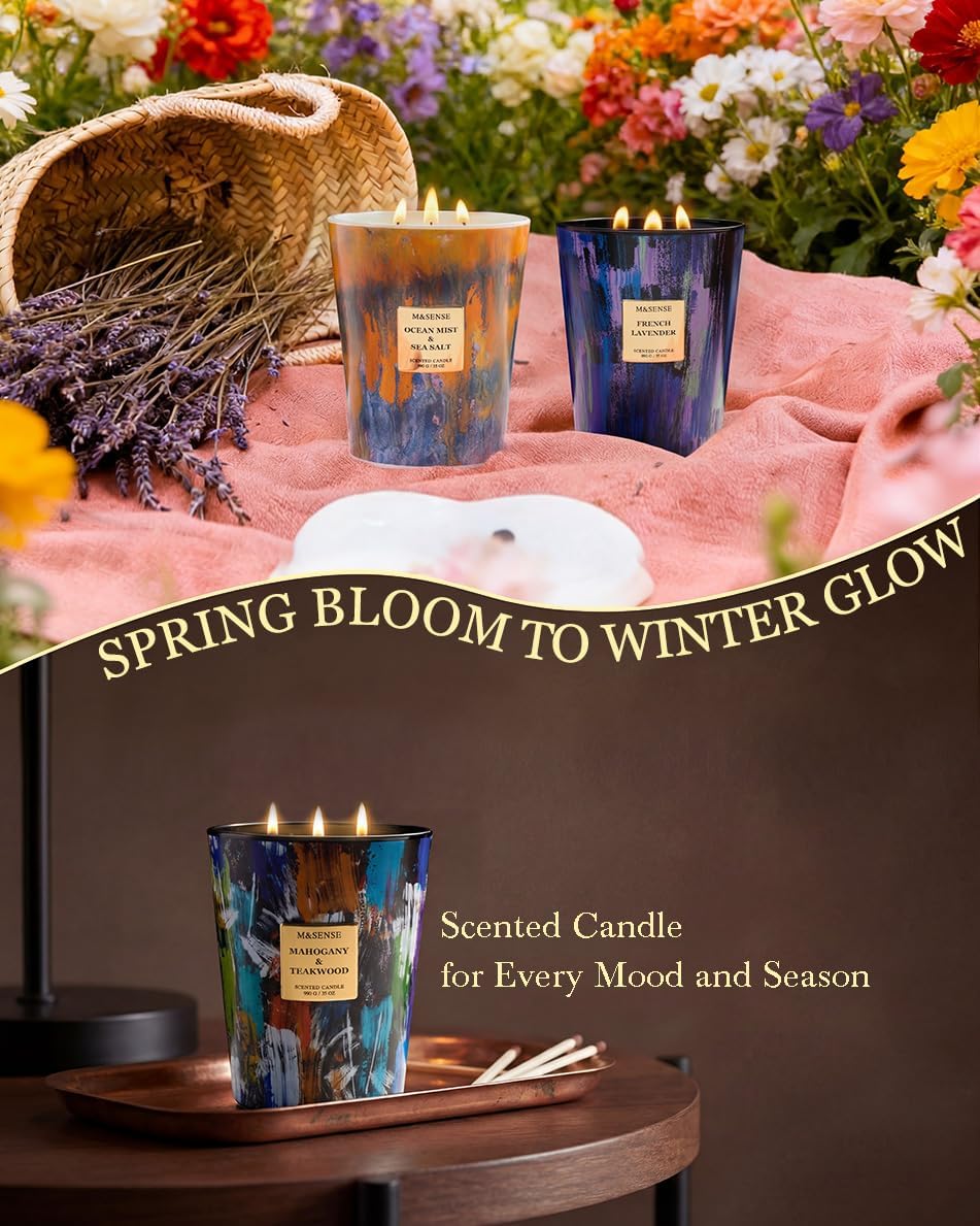 M&SENSE 3-Wick Dark Rose Large Soy Scented Candle, 35oz | 150H Burn Time, Non-Toxic, Luxury Summer Floral Aroma, Romantic Present for Women