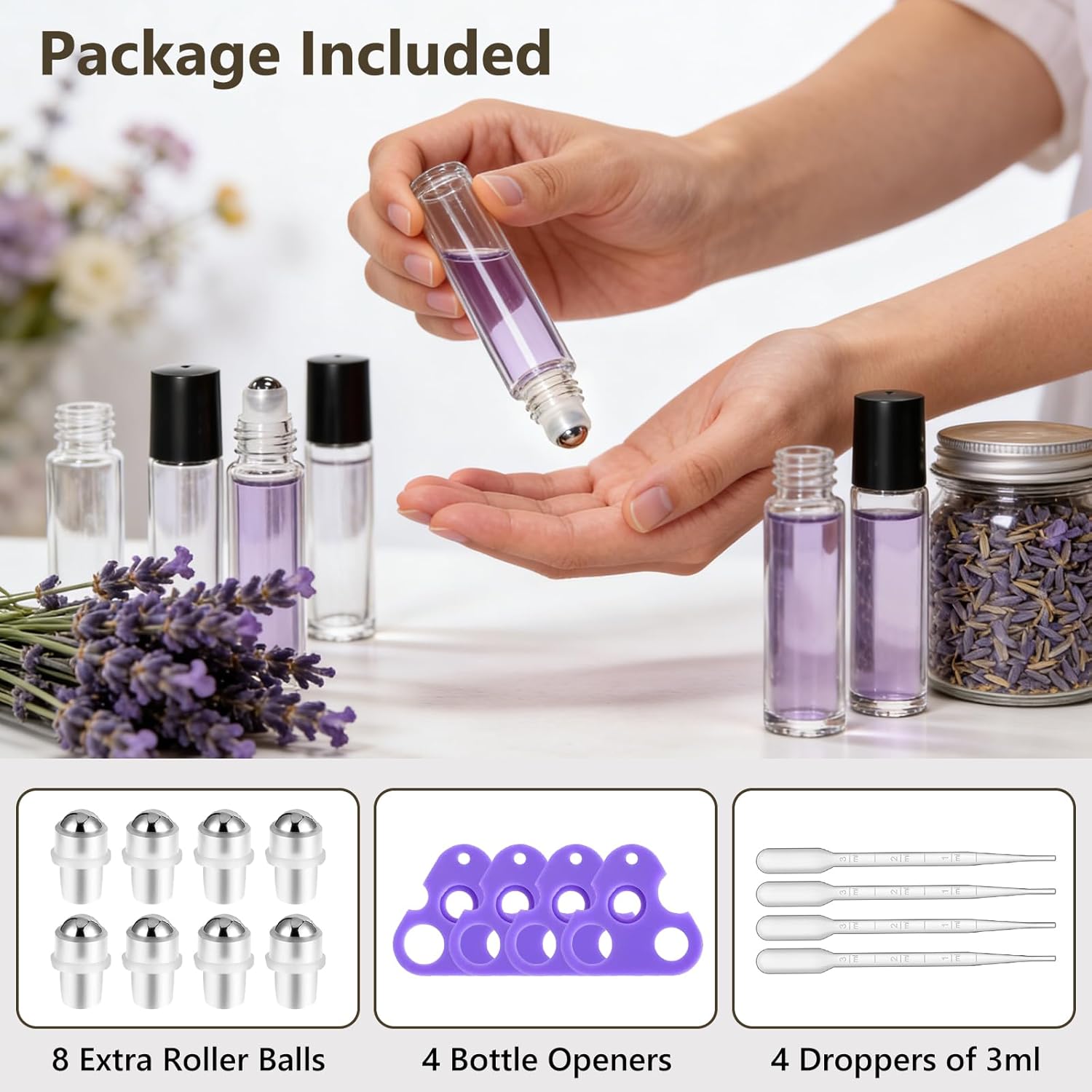 72 Pack Empty Essential Oil Roller Bottles – 10ml Amber Glass Roll-On Bottles with Stainless Steel Roller Balls & Caps, Refillable Perfume Containers for DIY & Travel（Clear）