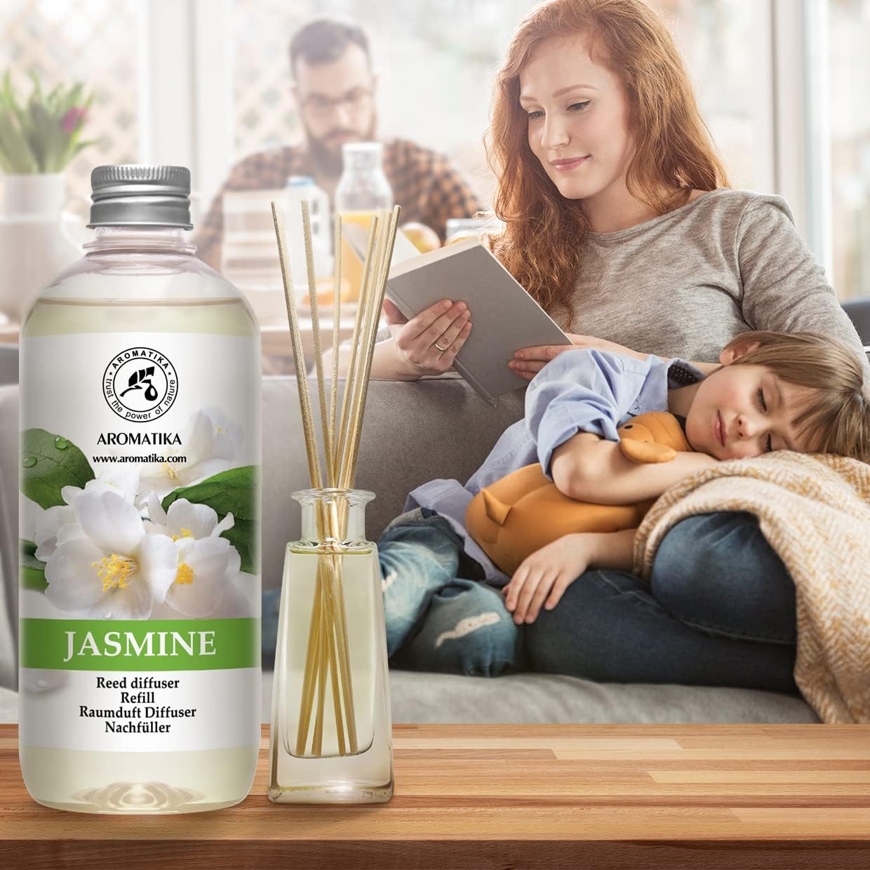 Reed Diffuser Refill Set Vanille & Jasmine with Jasmine Essential Oil 34 Fl Oz - 2 x 500ml - Fragrance Oil Reed Diffuser Refill - Room Freshener - Floral Fragrance