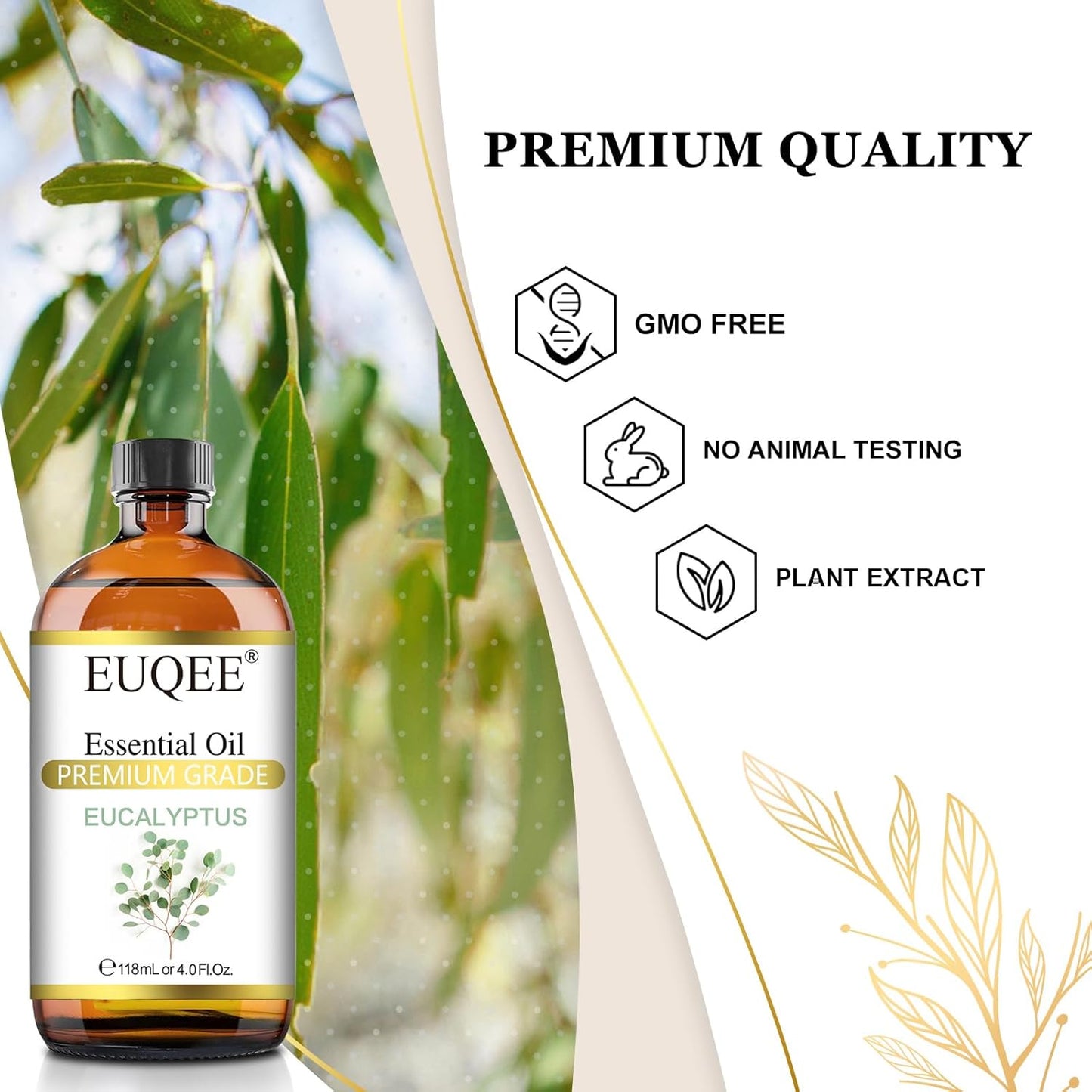 EUQEE Eucalyptus Essential Oil 118ml Pure Eucalyptus Oil with Glass Dropper for Aromatherapy, Diffuser, Soap & Candle Making - 4Fl.Oz