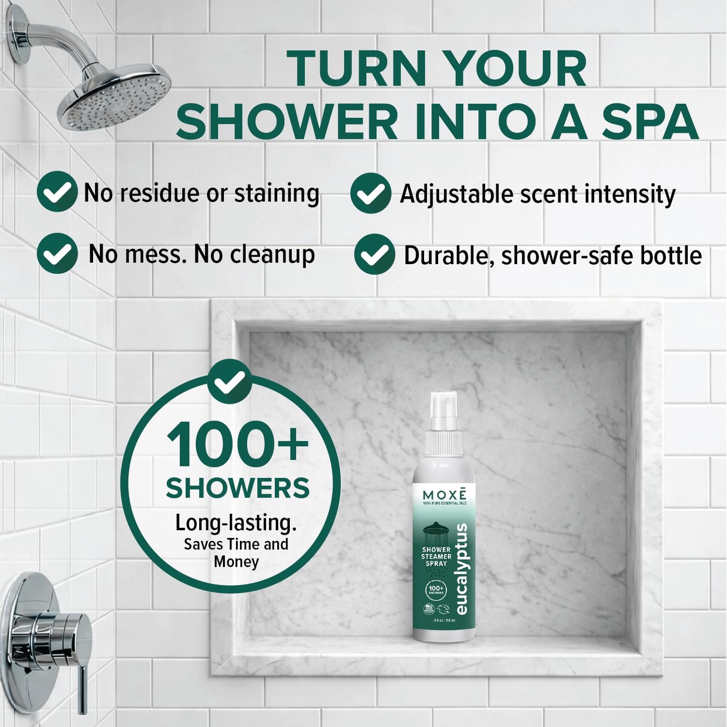 MOXĒ Eucalyptus Oil Shower Mist, Spa Steam Spray, Certified Natural 100% Essential Oils, Made in USA, Aromatherapy, Sinus Congestion Relief, Tension Relief, 4 Ounces