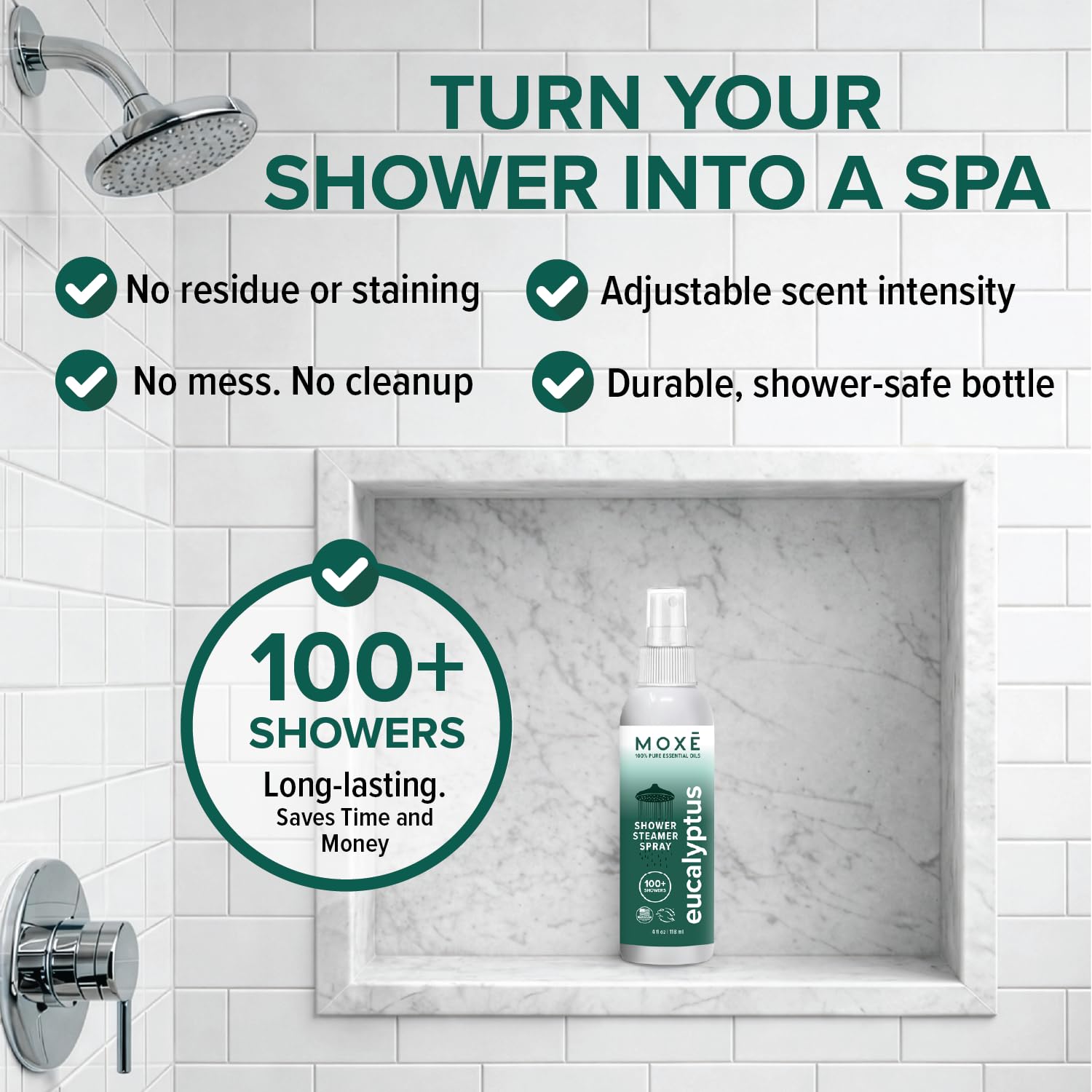 MOXĒ Eucalyptus Oil Shower Mist, Spa Steam Spray, Certified Natural 100% Essential Oils, Made in USA, Aromatherapy, Sinus Congestion Relief, Tension Relief, 4 Ounces