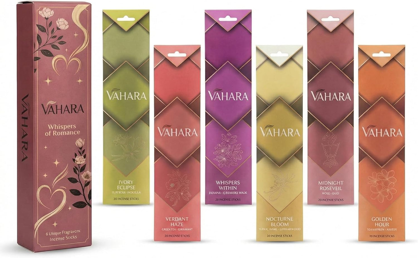 Premium VAHARA Incense Sticks Variety Pack – Natural Masala Incense Sticks, Premium VAHARA Hand-Rolled Incense for Home Fragrance, Aromatherapy & Meditation (Whispers of Romance, 6 Fragrance Packs)