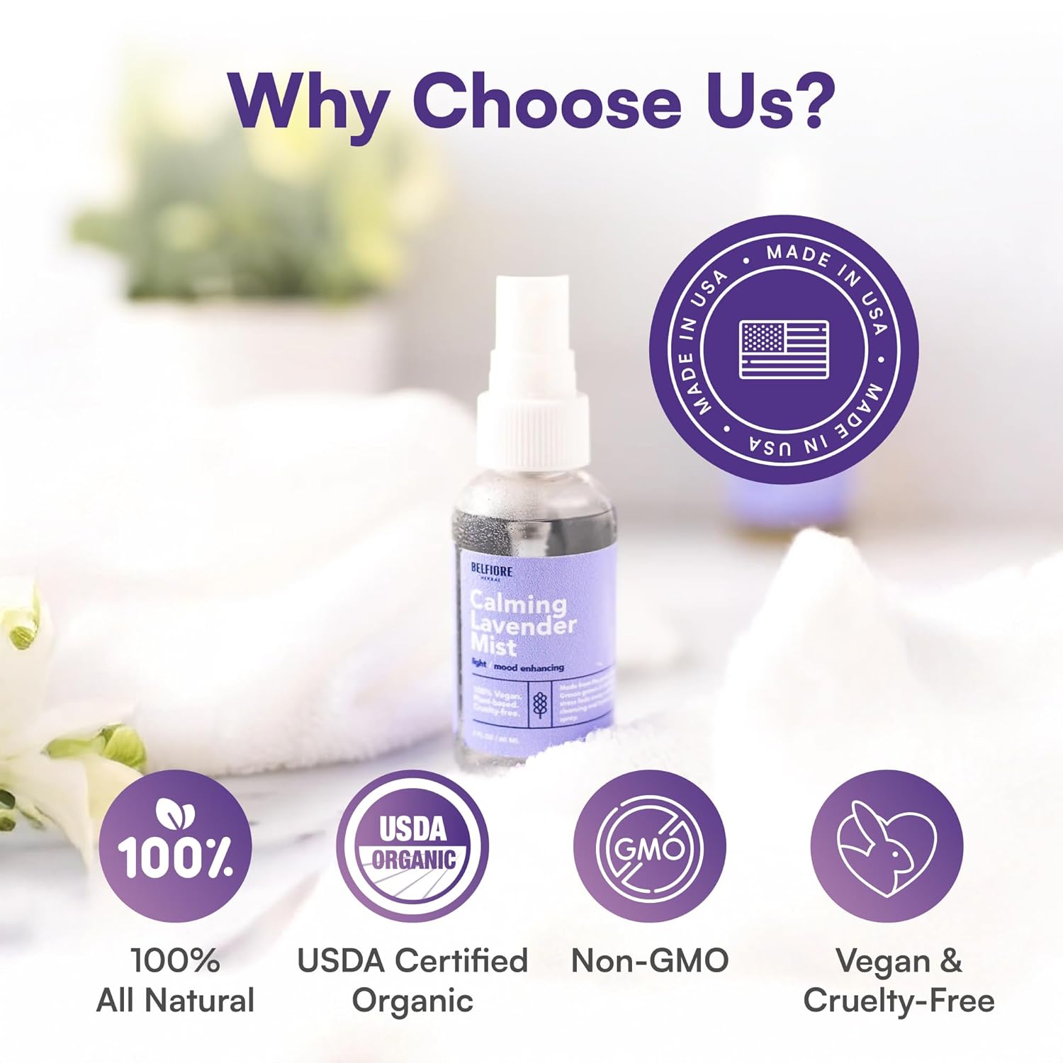 100% Natural Lavender Mist Spray, Organic Face Body Hair Hydrating Mister, Calming for Better Sleep, Vegan non-GMO, 2 ounce