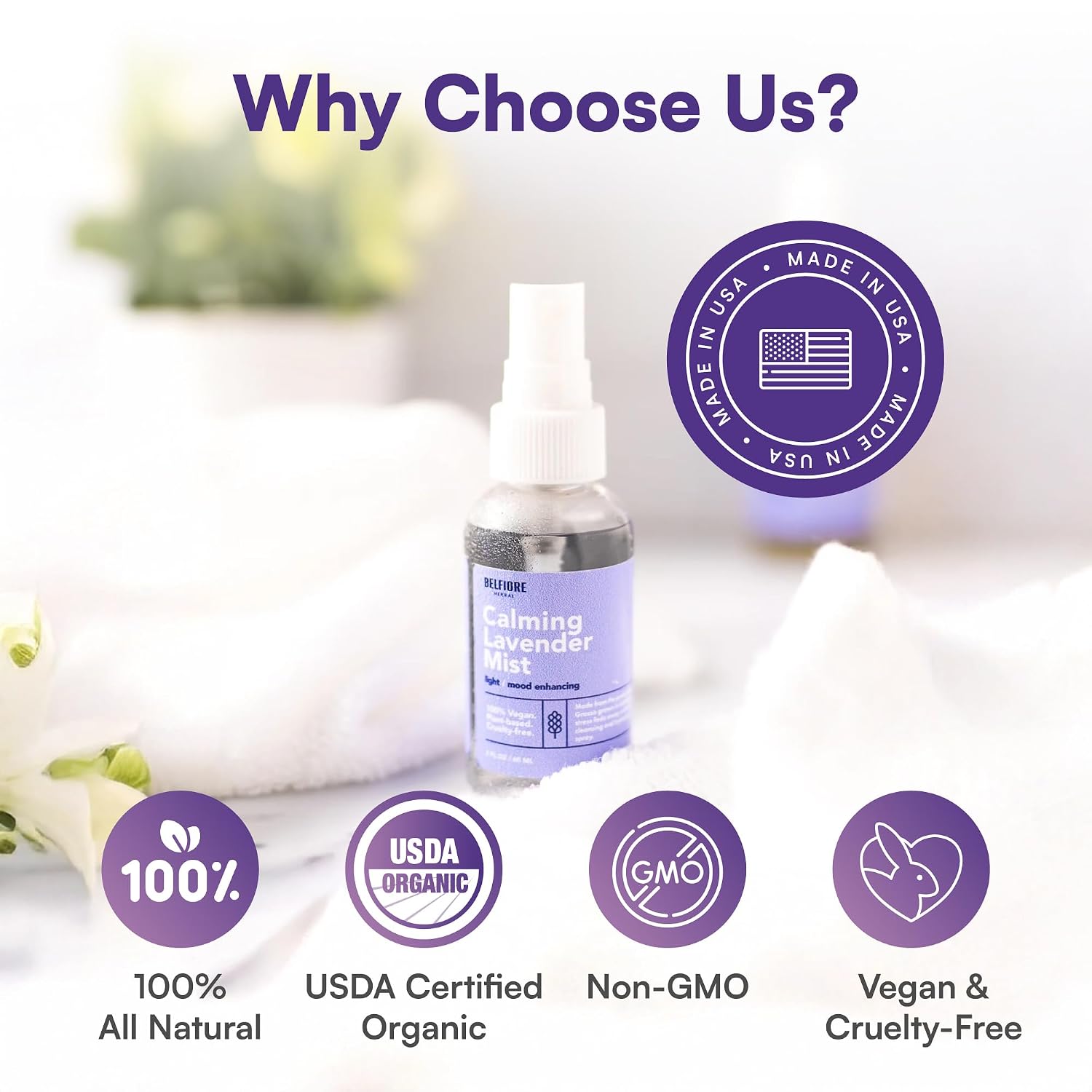 100% Natural Lavender Mist Spray, Organic Face Body Hair Hydrating Mister, Calming for Better Sleep, Vegan non-GMO, 2 ounce (3 Pack)