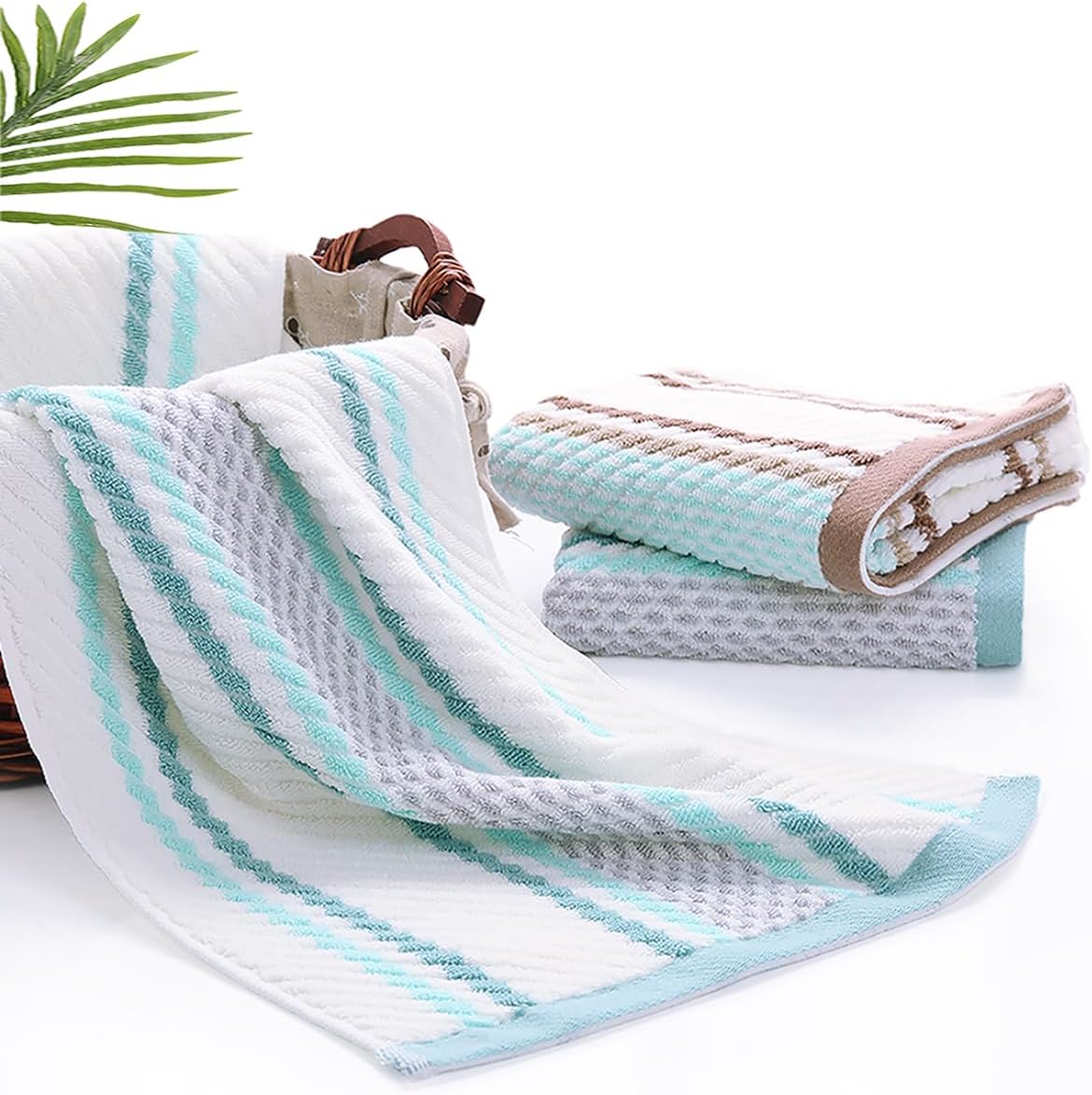 Pidada Hand Towels Set of 2 Striped Pattern 100% Cotton Soft Absorbent Decorative Towel for Bathroom (Green)