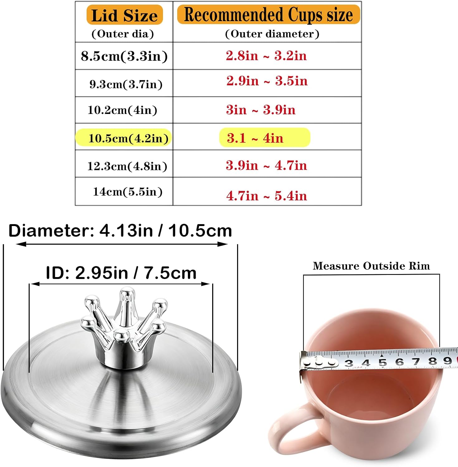 4.2 Inch Stainless Steel Universal Lid for Mugs and Bowls, Drink Cover for Large Coffee Cups, Soup Bowls, and Candle Jars, 10.6CM, 2Pcs