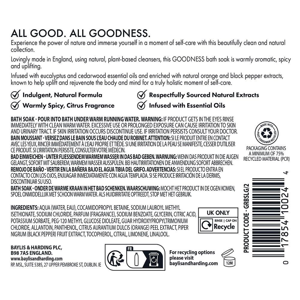 Baylis & Harding Goodness Lemongrass & Ginger Natural Bubble Bath 16.9 fl. oz (Pack of 3) - Biodegradable Formula - Vegan Friendly
