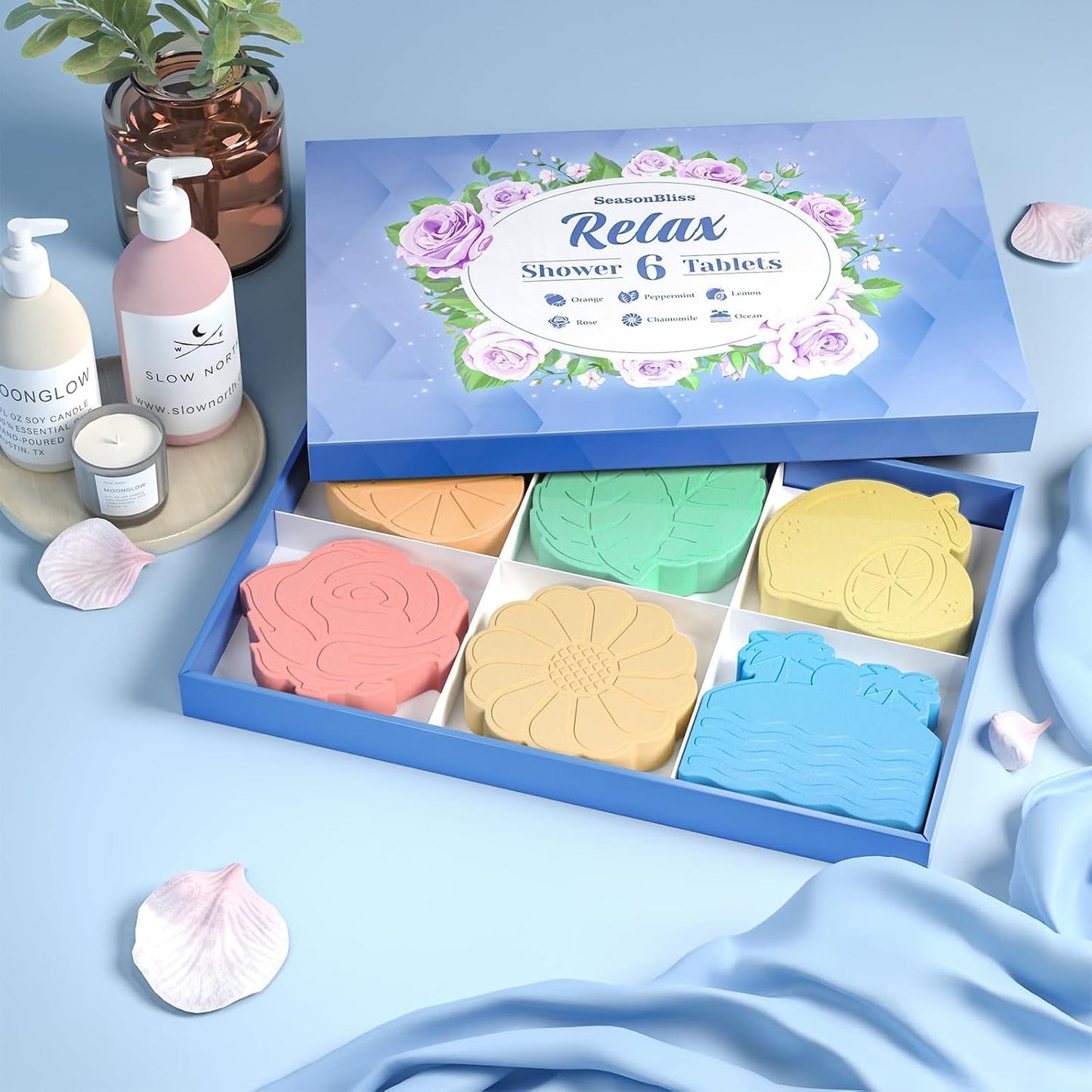 SeasonBliss Shower Steamers 6 Pack Shower Bombs with Unique Shapes & Scents, Orange Peppermint Lemon Rose Chamomile Sea for Birthday, Mother's Day, Valentine's Day Present Giving, Presents for Women