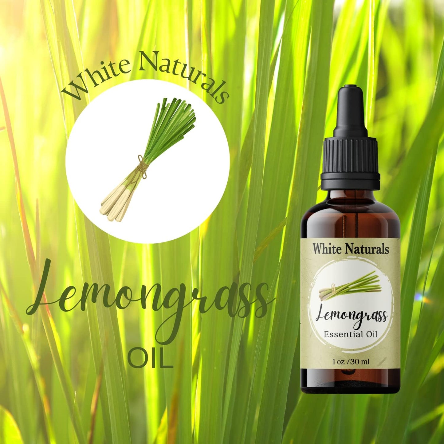 White Naturals Lemongrass Essential Oil 100% Pure and Natural, Therapeutic Premium Grade for Hair Nails and Skin, Aromatherapy Diffuser, Home and Travel, DIY