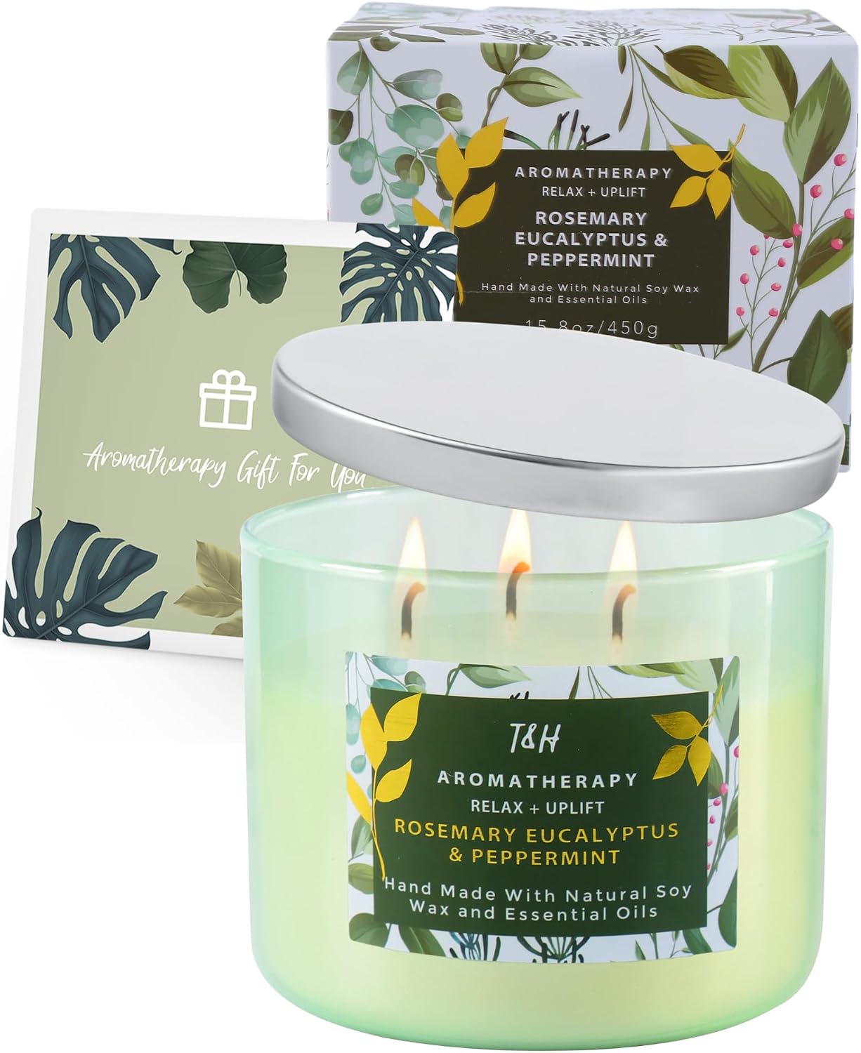 Rosemary Eucalyptus Peppermint 3 Wick Candle for Home Scented | 15.8 oz Large Soy Candle | Spa Aromatherapy Candles for Home Stress Relief | Clean Burn | Gift for Women & Men