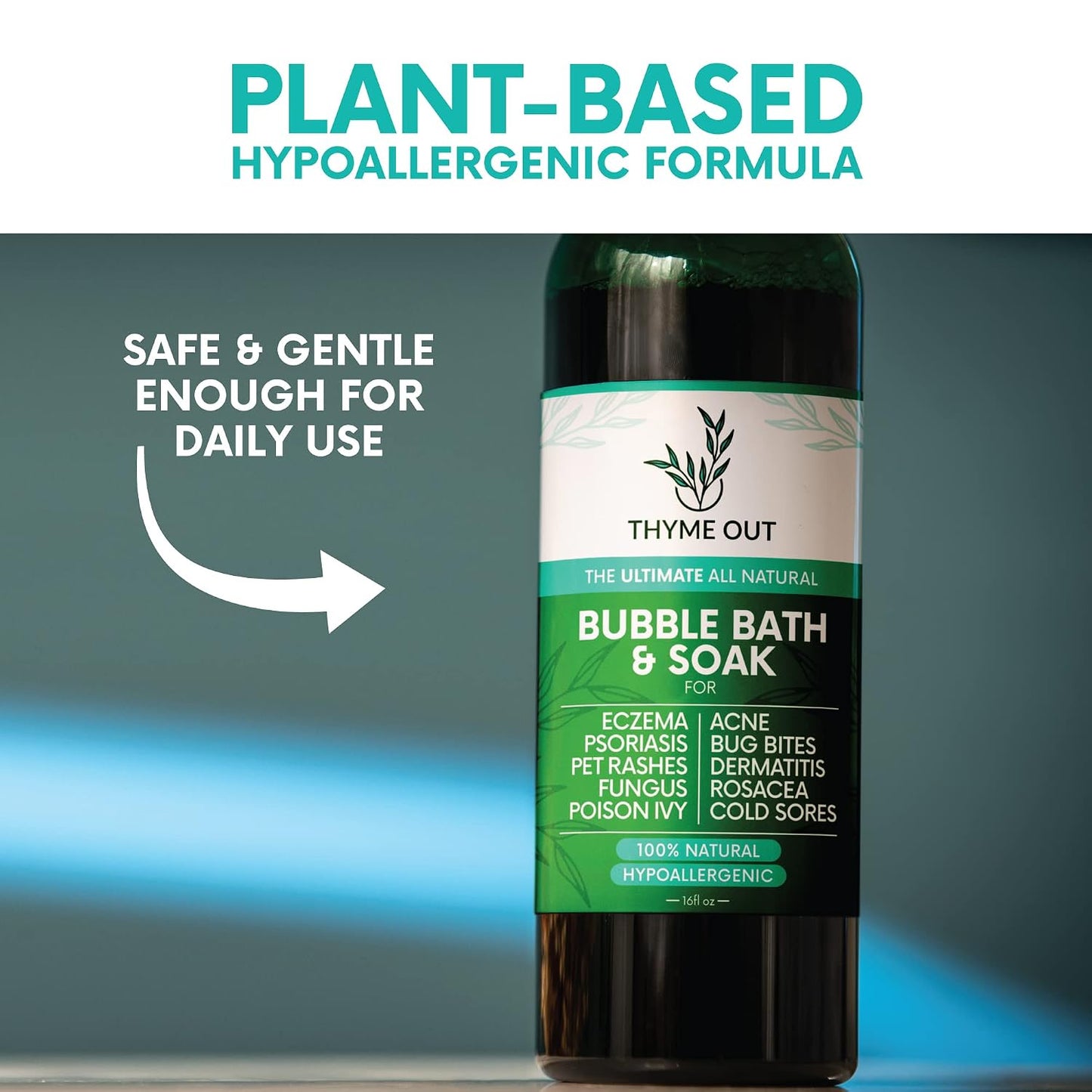All Natural, Organic Plant Based Bubble Bath - Hypoallergenic Skin-Soothing Thyme Eczema Bath Soak with Colloidal Oatmeal - Sensitive Skin Bubble Bath for Kids & Adults - 16oz