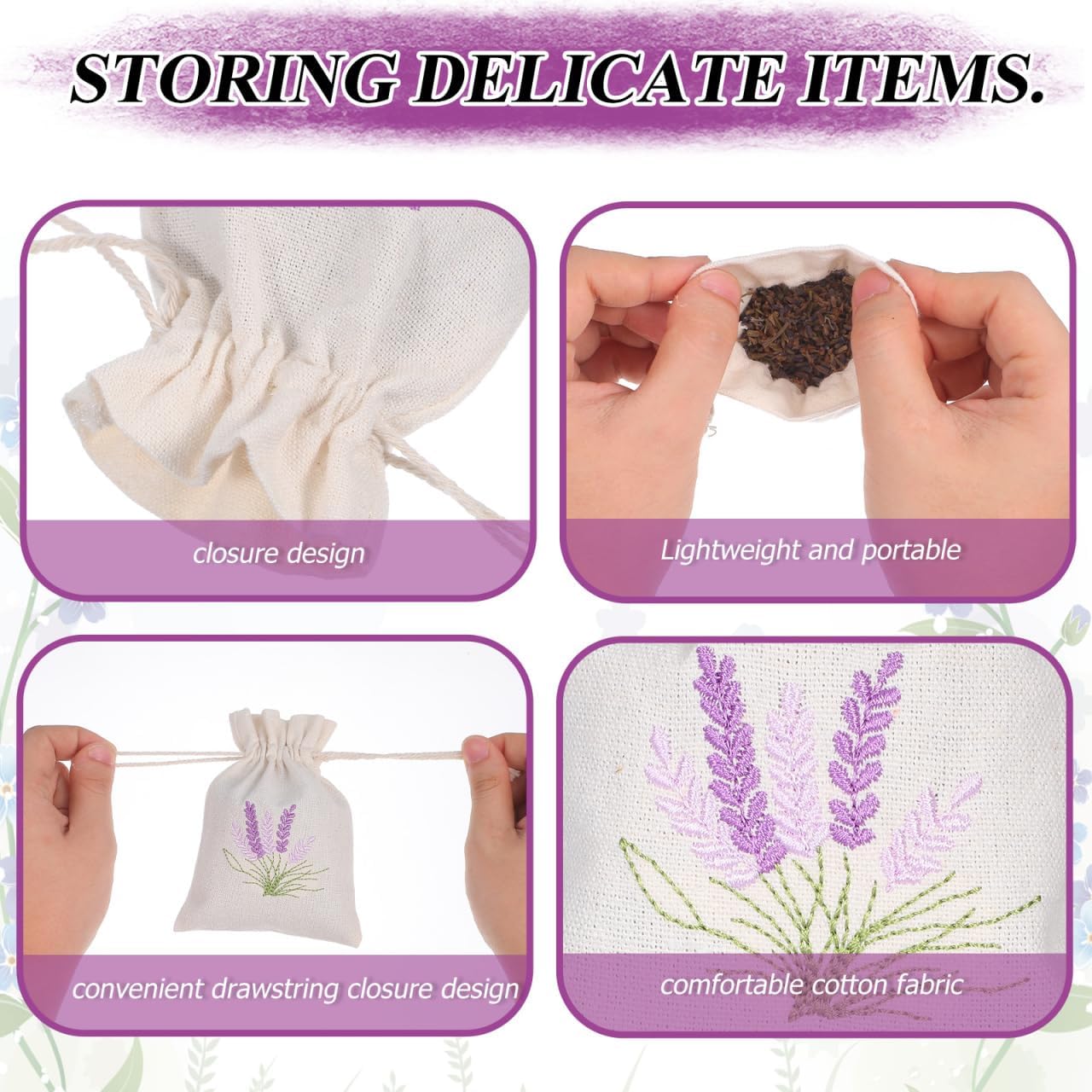 10pcs Empty Sachet Bags, Refillable Embroidered Lavender Cotton Bags Small Drawstring Lavender Holder Resuable Perfume Pouches DIY Craft Gifts for Spice, Dry Flower, Aromatic Plants (5.5 X 3.93)