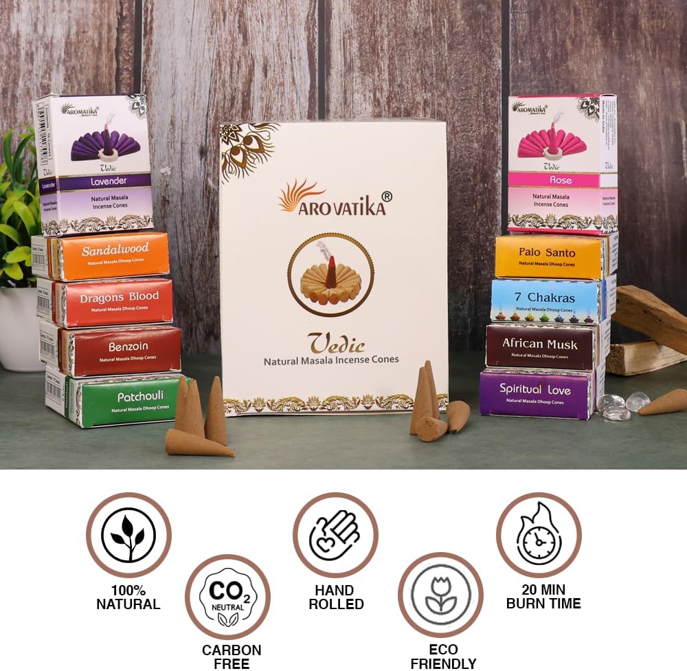 ARO VATIKA Vedic Natural Masala Incense Cones 120 Count in Pack of 12 Boxes | 12 Assorted Fragrances Dhoop Cones | Best for Prayer, Reiki, Meditation and Relaxation | Burn Time 25 Mins