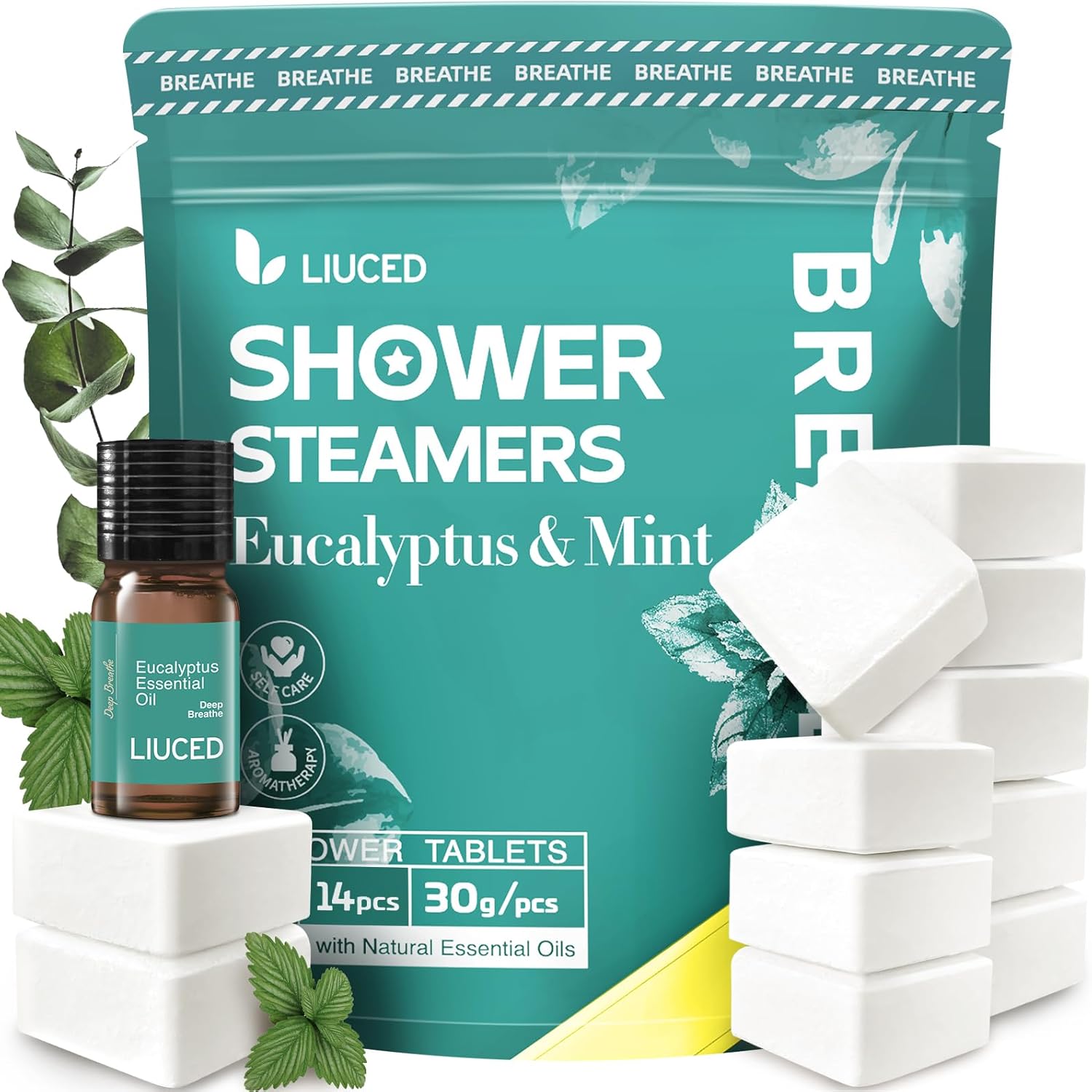 14+1 Shower Steamers - 14 Pack Eucalyptus & Mint Shower Bombs Aromatherapy and 5ml Natural Eucalyptus Essential Oils, Eucalyptus for Shower, Fathers Day Gift for Dad Husband from Wife Daughter