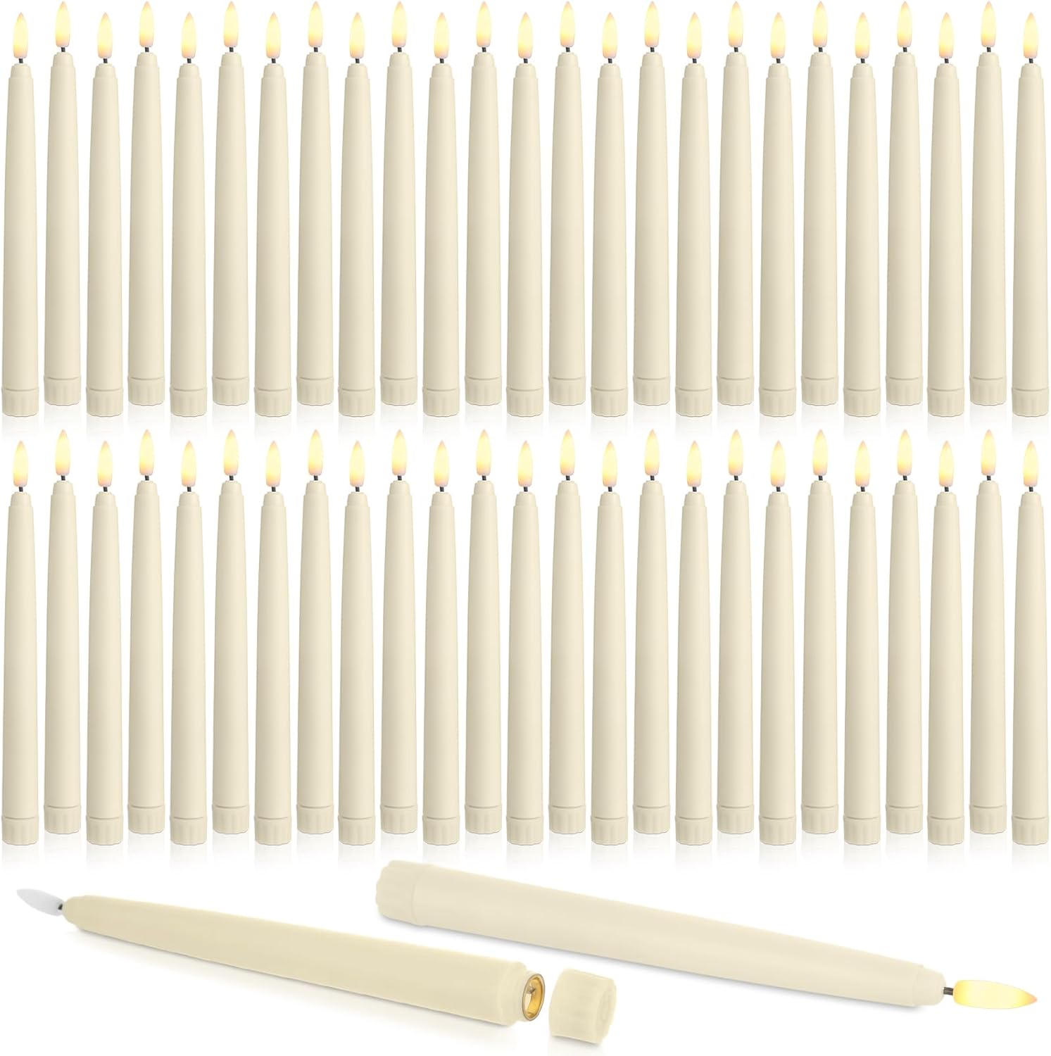Baquler 50 Pcs Flameless Taper Candles LED Taper Candles Flickering Bulk Ivory LED Candlestick for Easter Wedding Church Halloween Christmas Party Decor Table Centerpiece, 8.5 in, No Batteries