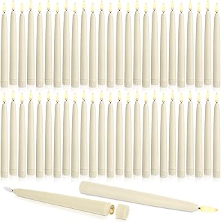 Baquler 50 Pcs Flameless Taper Candles LED Taper Candles Flickering Bulk Ivory LED Candlestick for Easter Wedding Church Halloween Christmas Party Decor Table Centerpiece, 8.5 in, No Batteries