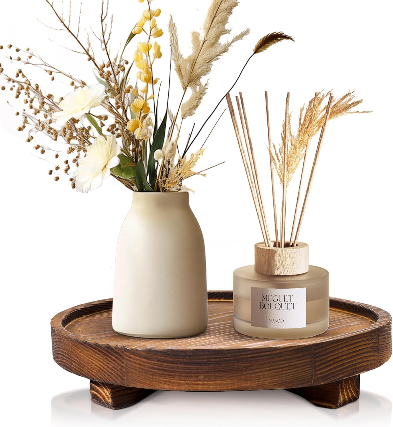 DEBETOOL Round Wooden Decorative Tray - Rustic Wood Soap Tray for Kitchen and Bathroom Counter Organizer, Farmhouse Kitchen Decor Wooden Riser for Soap Dish, Perfume, Candle, Potted