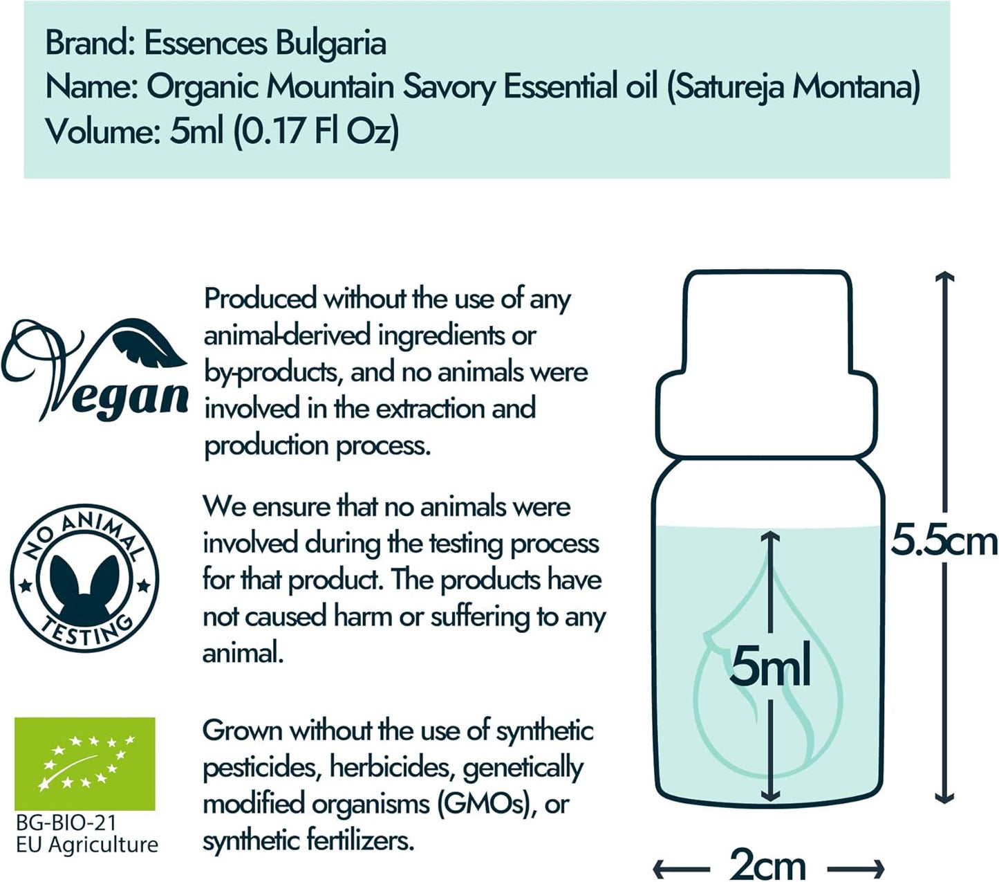 Essences Bulgaria Organic Mountain Savory Essential Oil 1/6 Fl Oz | 5ml | Satureja Montana | 100% Pure and Natural | Undiluted | Therapeutic Grade | Family Owned Farm | Steam-Distilled | Non-GMO