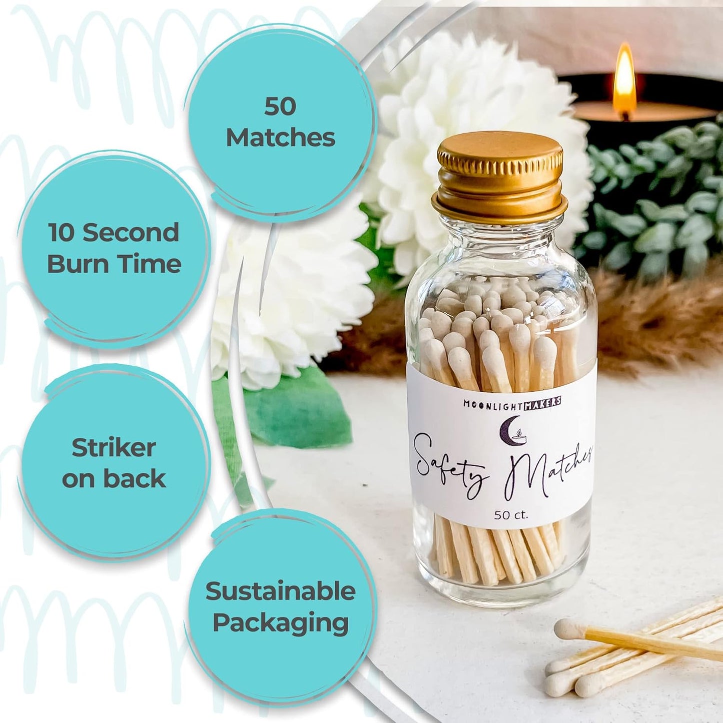 Moonlight Makers Fancy Matches in Jar - 50 Wooden Safety Matches, Decorative Glass Match Jar with Striker, Reusable Matchstick Holder, Gold Lid Match Jars for Bathroom, Candles, & Home Decor - Pink