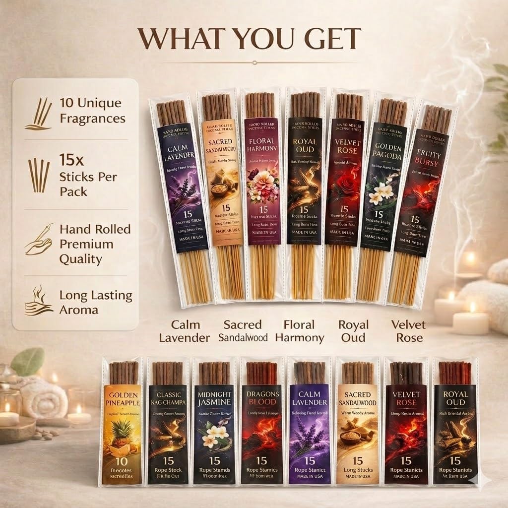 Incense Sticks Variety Pack, 150 Count – Nag Champa, Sandalwood, Lavender, Rose, Oud, Dragon Blood, Jasmine, Pineapple, Floral Harmony & Fruity Burst | 10 Scents × 15 Sticks | Natural Incense Set