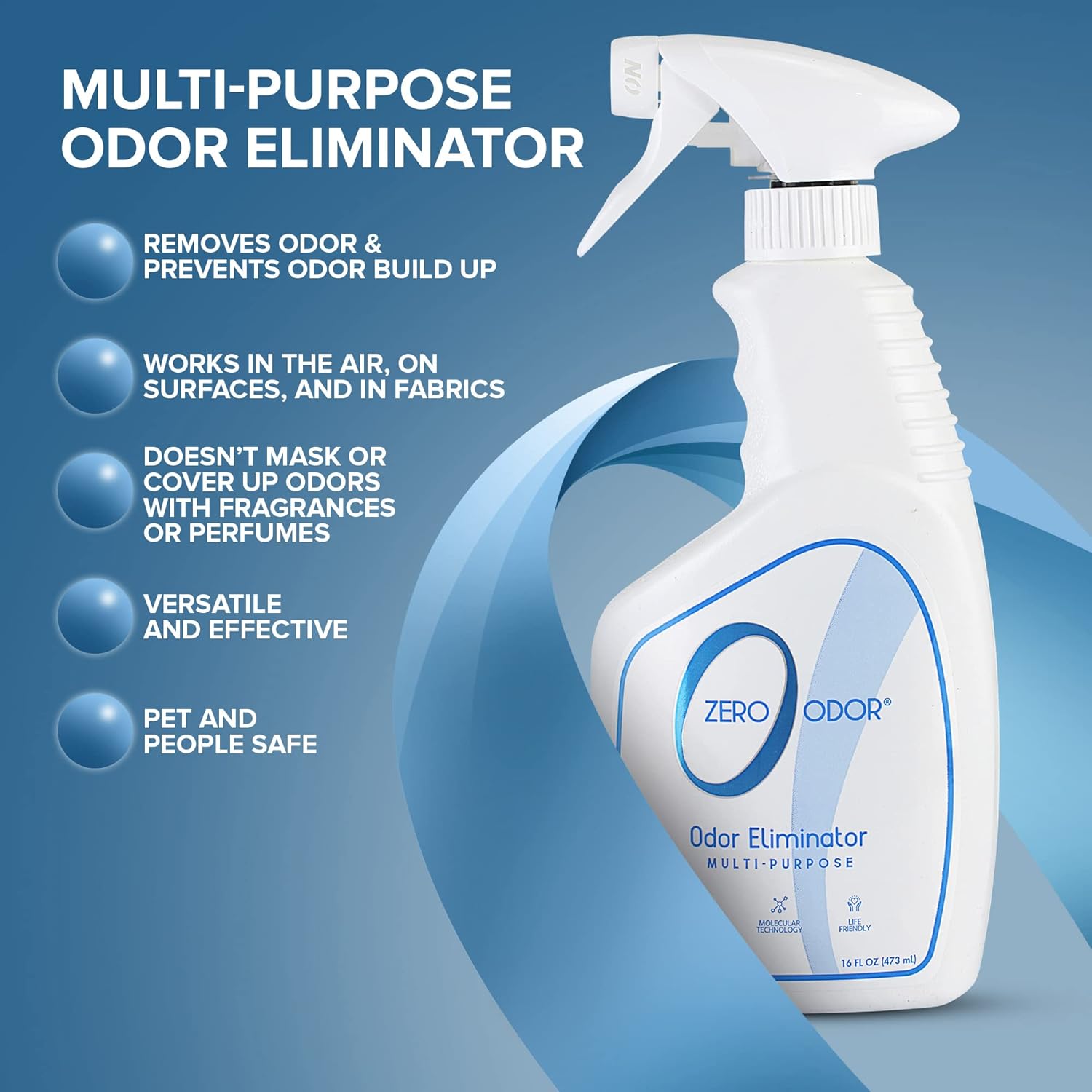 Zero Odor – Multi-Purpose Odor Eliminator - Air & Surface Odor – Patented Technology for Bathroom, Kitchen, Fabric, Closet- Smell Great Again, 16oz