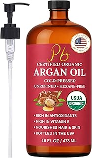 Argan Oil, 16 fl oz Glass Bottle with Pump, Organic Moroccan Argan Oil for Hair, Skin, Face & Nails, USDA Certified Organic, Cold-Pressed Unrefined Hexane-Free Carrier Oil for Essential Oils