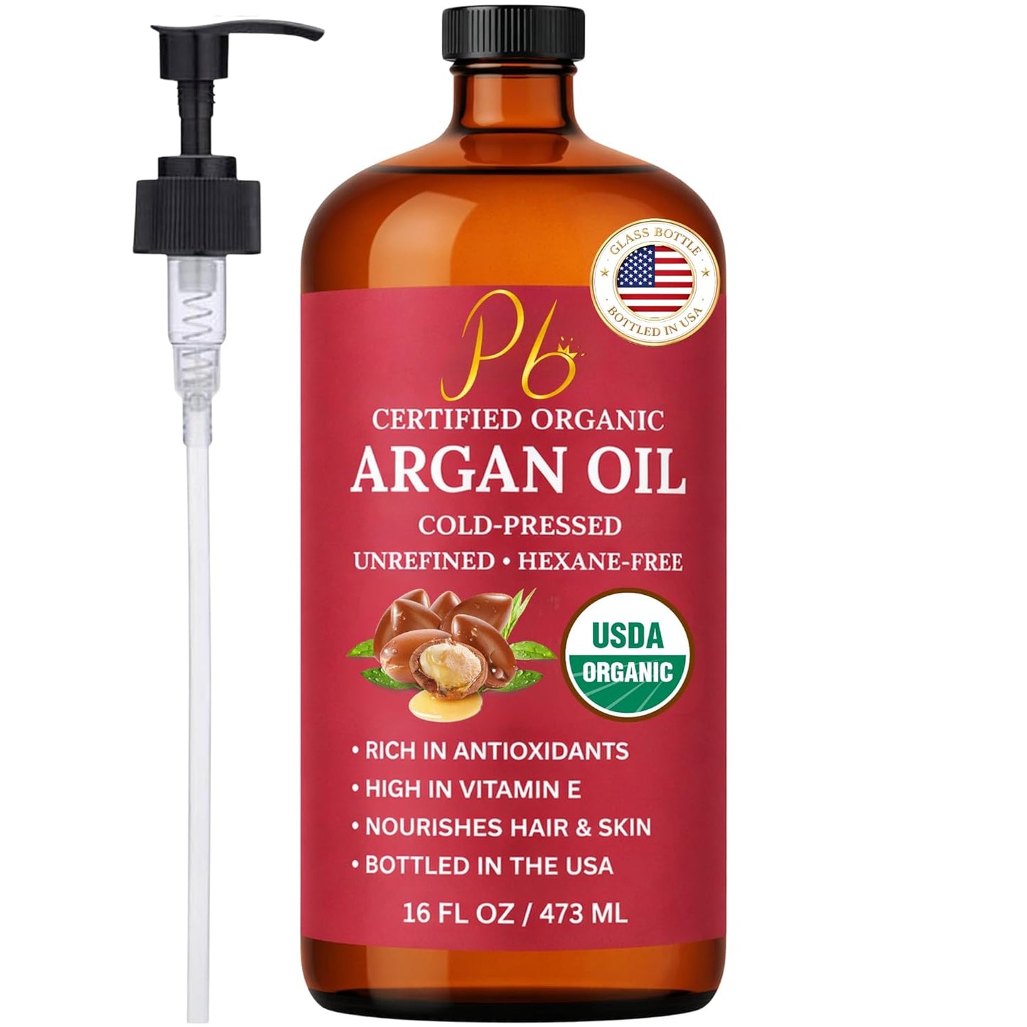 Argan Oil, 16 fl oz Glass Bottle with Pump, Organic Moroccan Argan Oil for Hair, Skin, Face & Nails, USDA Certified Organic, Cold-Pressed Unrefined Hexane-Free Carrier Oil for Essential Oils