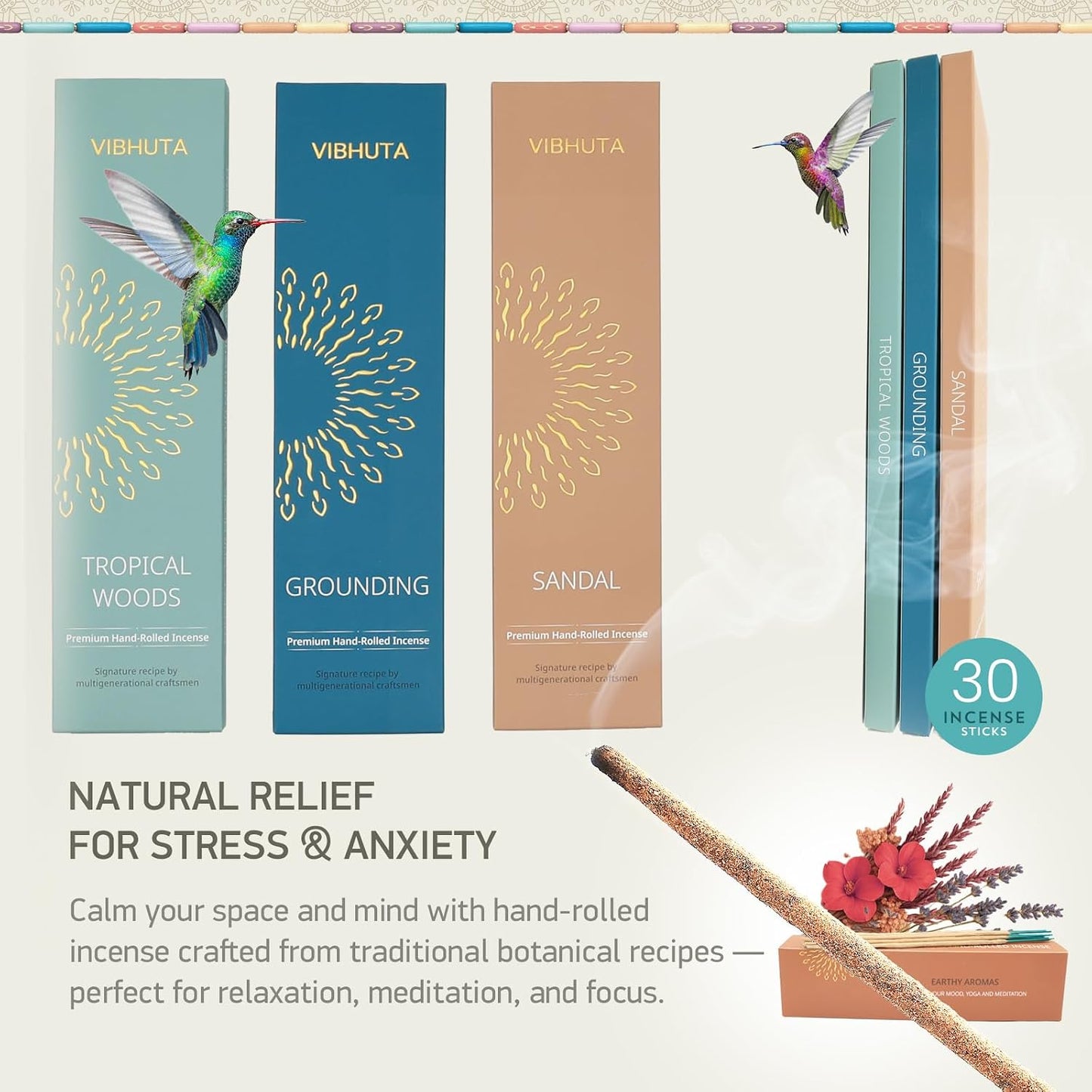 Incense Gift Set | 30 Hand-Rolled Indian Sticks | Sandalwood, Nag Champa, Spiritual & Chakra Incense for Meditation & Yoga - 3 Natural Scents (Earhty Aromas)