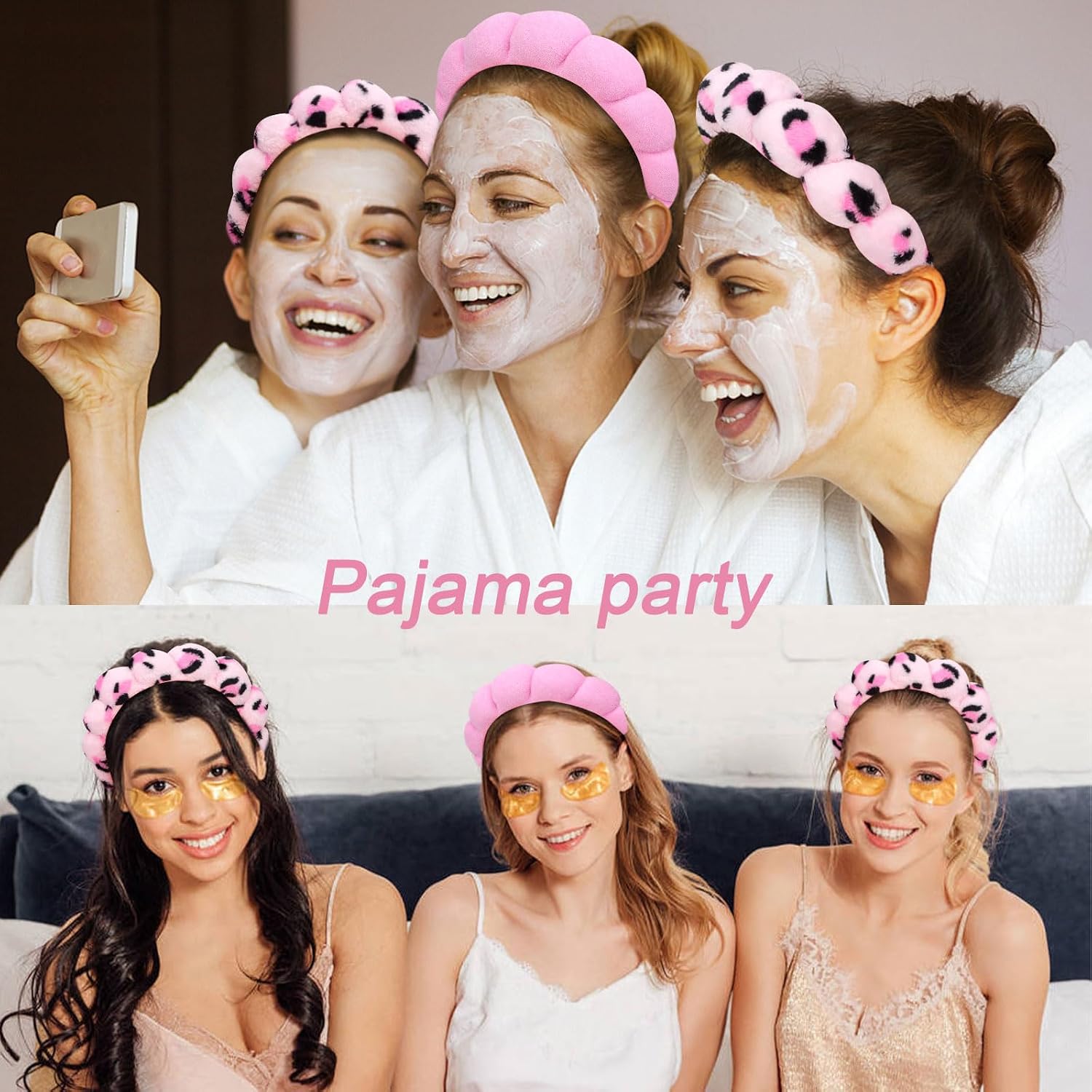 Wecoe 2pcs Skincare Headband For Washing Face Spa Makeup Face Wash Headband Cute Pink Black Cheetah Leopard Printed Puffy Sponge Bubble Headband Hair Accessories For Women Girls Kids Teens Gifts