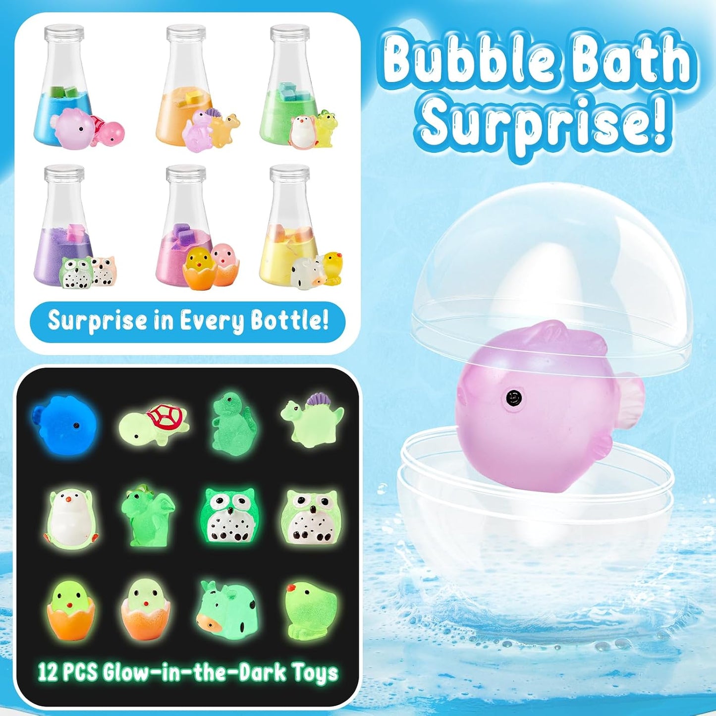 TUZT Kids Bath Bombs Science Kit - 12 Glow-in-the-Dark Surprise Toys & 6 Fizz Potion Bottles for Ages 3-8, STEM Bath Time Fun, Non-Toxic Easy Clean, Perfect Christmas Birthday Gift