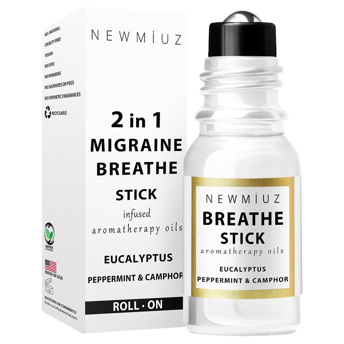 Breathe Easy Roll on Stick Peppermint Eucalyptus Essential Oil Blend Stress Sinus Natural Relief Gifts for Women Men Perfect
