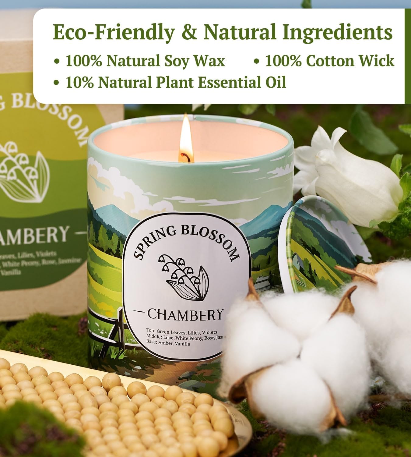 Spring Blossom Candle | New England Countryside View | Light Floral Fragrance Perfect for Spring | Ideal for Mother’s Day Gifting | Soy Wax with Lead-Free Cotton Wick | 55-Hour Burn