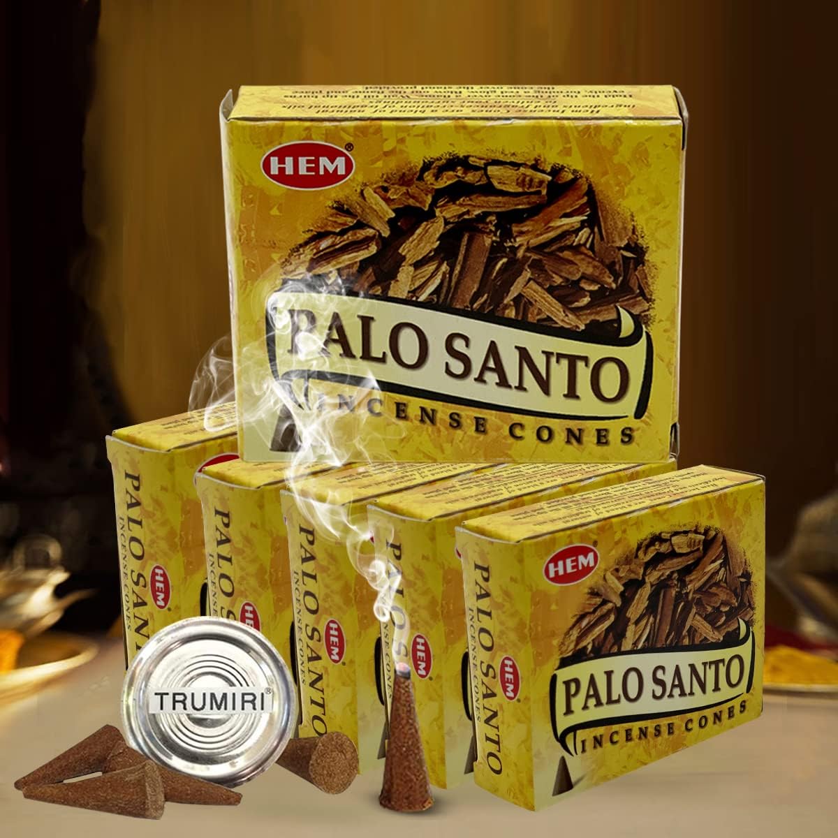Palo Santo Incense Cones and Burner Holder Bundle from Hem Incense Trumiri for Smudging and Aroma - Pack of 6 (Approx 60 Cones)