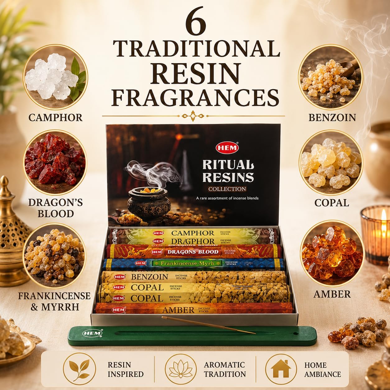 Hem Incense Sticks Assorted Ritual Resins Pack (6 Incents x 20 Insense Sticks) Incense Stick Holder 120 Sticks Total | Camphor Dragons Blood Benzoin Copal Amber Frankincense Myrrh