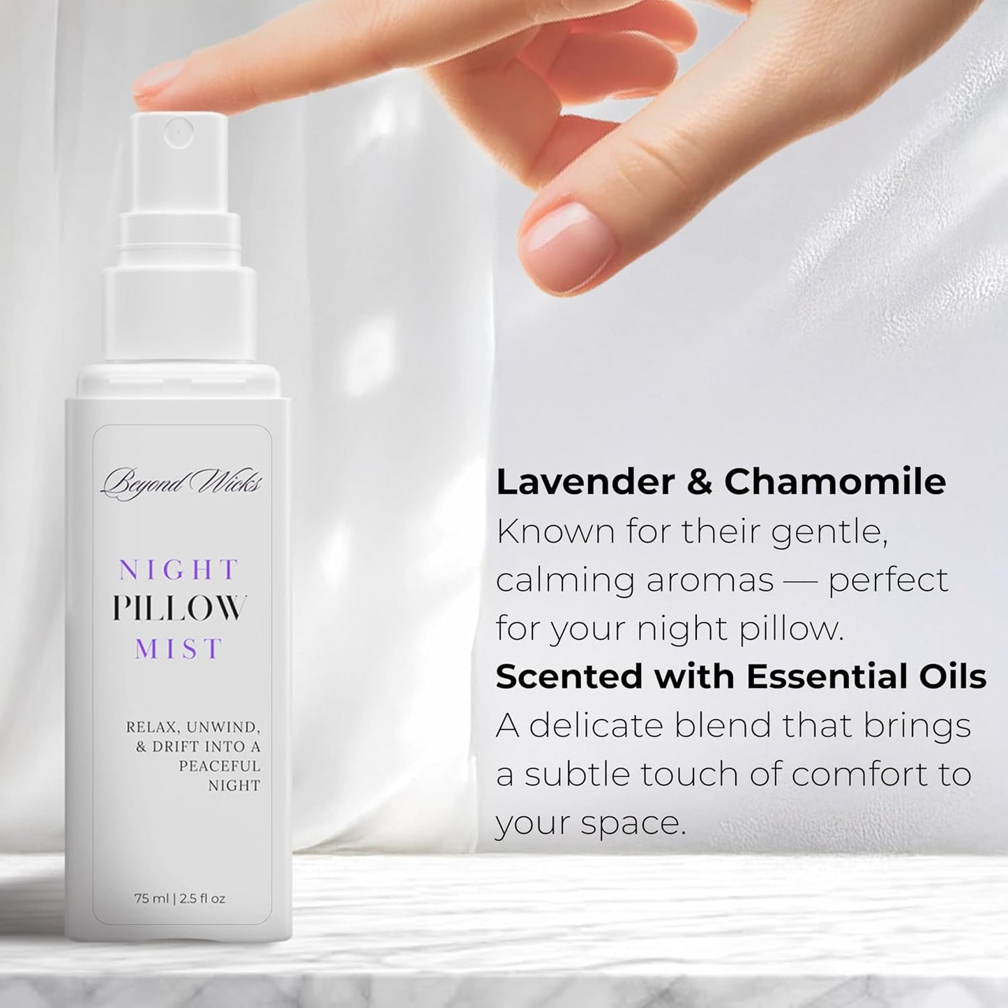 Pillow Spray – Lavender Chamomile Sleep Spray with Essential Oils – Relaxing Aromatherapy Mist for Pillows, Bedding, and Linens – Nighttime Pillow Mist – 75ml (2.5 fl oz) by Beyond Wicks