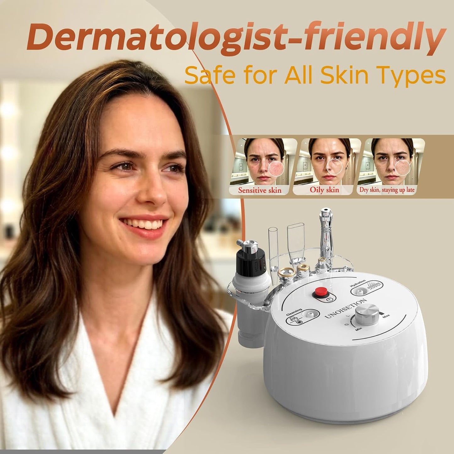 UNOISETION Beginner-Friendly 3-in-1 Diamond Microdermabrasion Machine, Gentle Low Noise At-Home Facial Care Device for for Exfoliation & Blackhead Removal