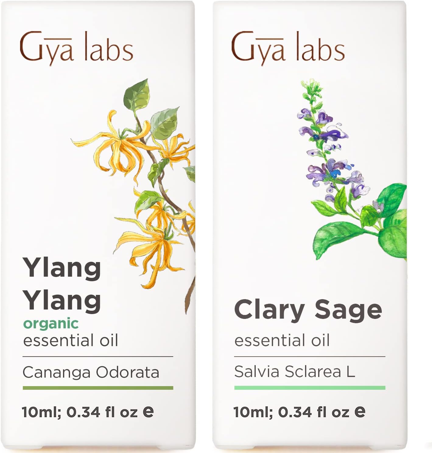 Organic Ylang Ylang Essential Oil for Diffuser & Sage Oil for Diffuser Set - Aromatherapy Grade Essential Oils Set - 2x0.34 fl oz - Gya Labs