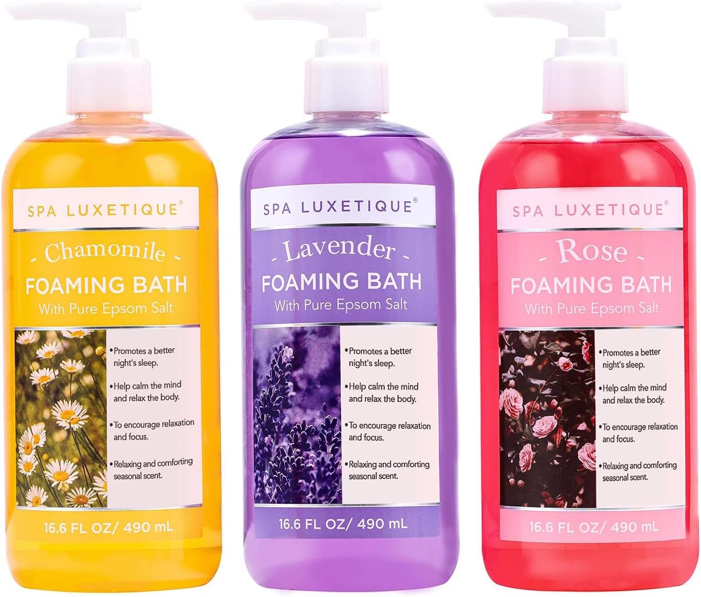 Spa Luxetique Bubble Bath, Foaming Bath with Epsom Salt, Chamomile Rose and Lavender Scent Bathing Set, 3 Pack 49.8 fl oz Mothers Day Gifts Set for Women and Men