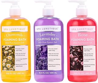 Spa Luxetique Bubble Bath, Foaming Bath with Epsom Salt, Chamomile Rose and Lavender Scent Bathing Set, 3 Pack 49.8 fl oz Mothers Day Gifts Set for Women and Men