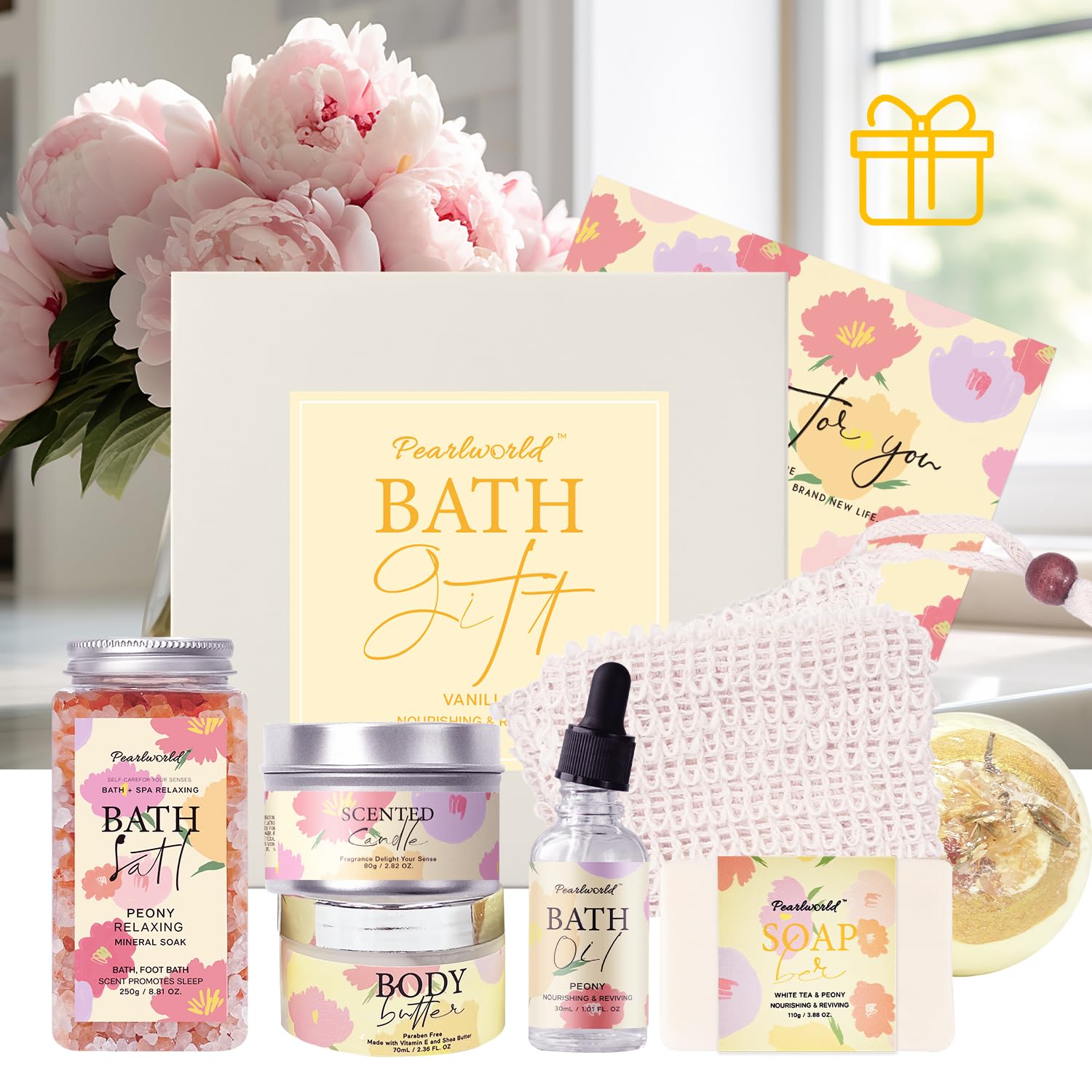 Peony Spa Gift Set for Women, Luxury 9 Pcs Bath Salts Set, Relaxation Gifts for Women, Self Care Set, Clean Moisturizing Skin, Gifts for Mom, Wife, Sister, Friend