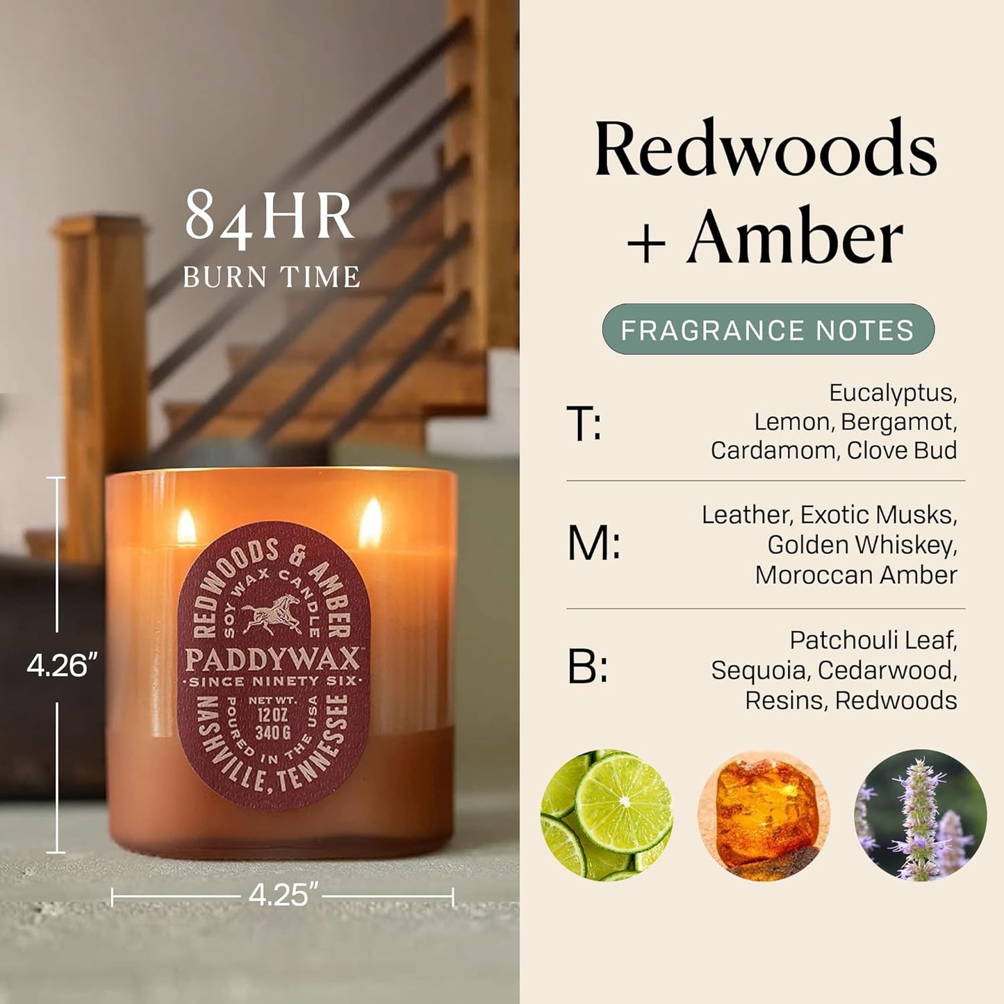 Paddywax Vista Scented Candle with Lid in Reusable Tonal Glass Jar, Clean-Burn 2-Wick Soy Candle with Approx. 84 Hour Burn Time, Decorative Gift Candles for Home, Redwoods & Amber, 12 oz