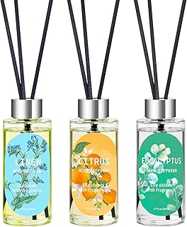 Reed Diffuser Set of 3, Eucalyptus, Linen & Citrus Scented Oil Diffusers with 15 Reeds, Long-Lasting Home Fragrance for Bedroom & Bathroom Decor, 1.7 fl oz Each, Total 5.1 oz
