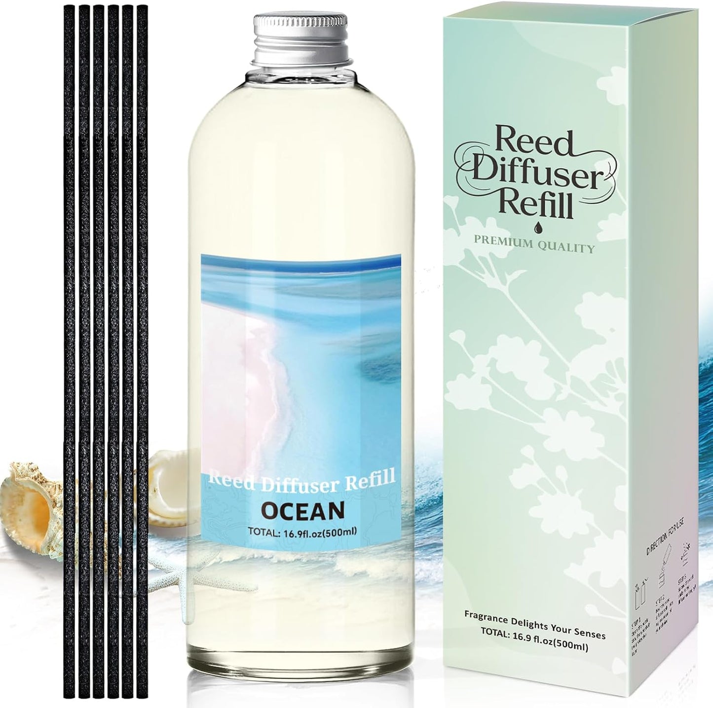 STRN Ocean Reed Diffuser Refill 500ml with 6 Natural Reed Sticks, Premium Refills Aromatherapy for Home, Long-Lasting Fragrance for Living Room, Bedroom, Office | Alcohol-Free